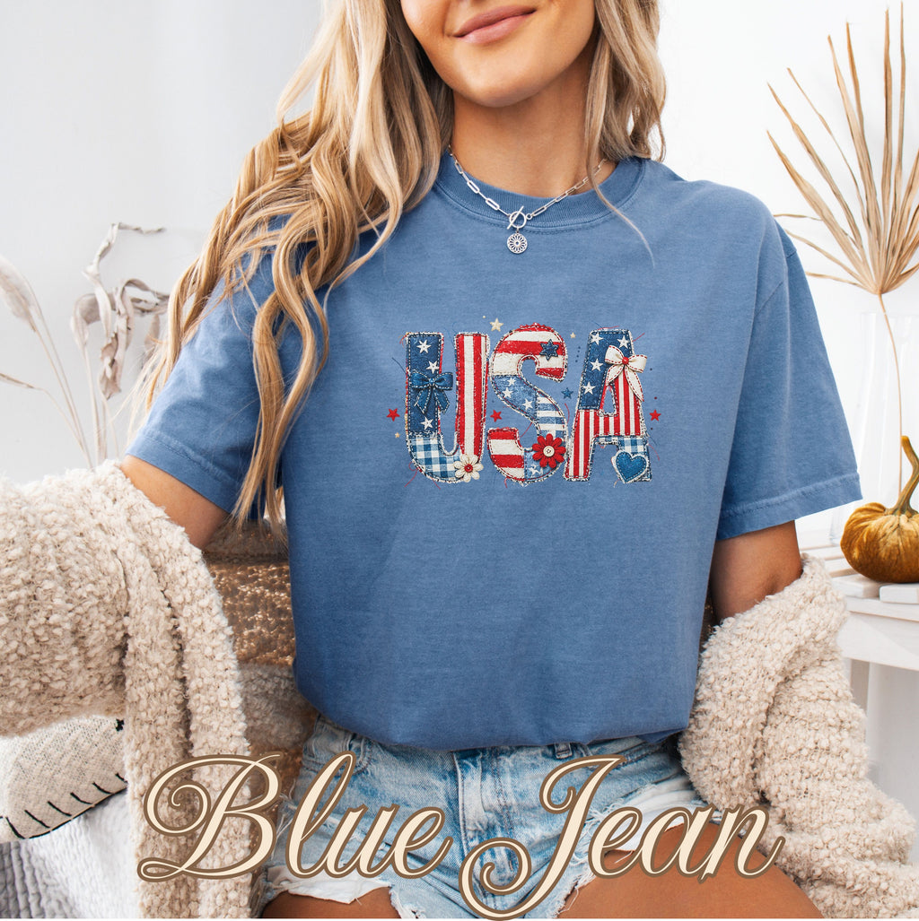 USA Faux Patchwork Letters America 250 Shirt
