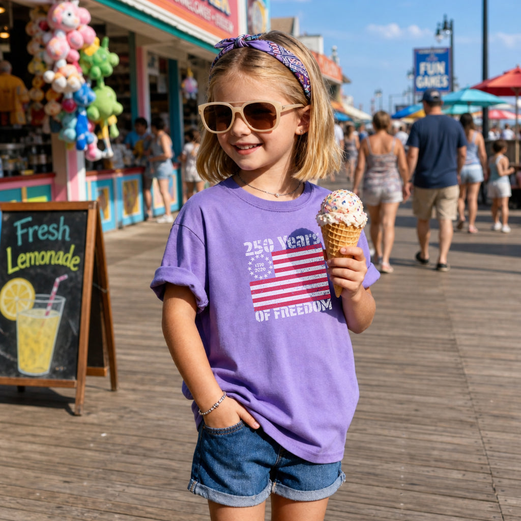 America 250 Youth Tee, 250 Years of Freedom Vintage Flag