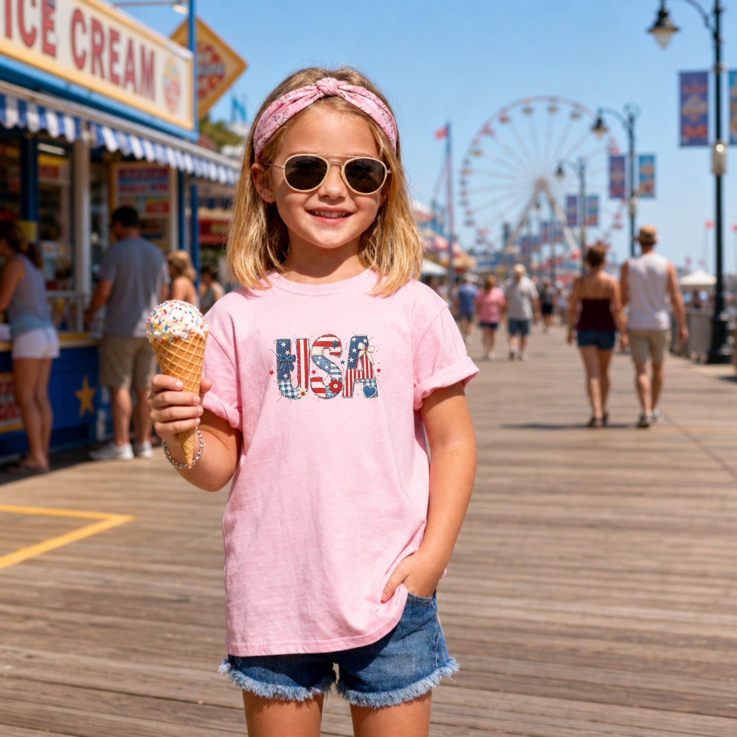 USA Faux Patchwork Letters America 250 Kids T-Shirt Main image