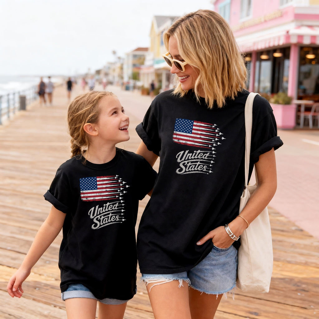 Youth American Flag Tee – "United States" Jet Tribute Patriotic Shirt