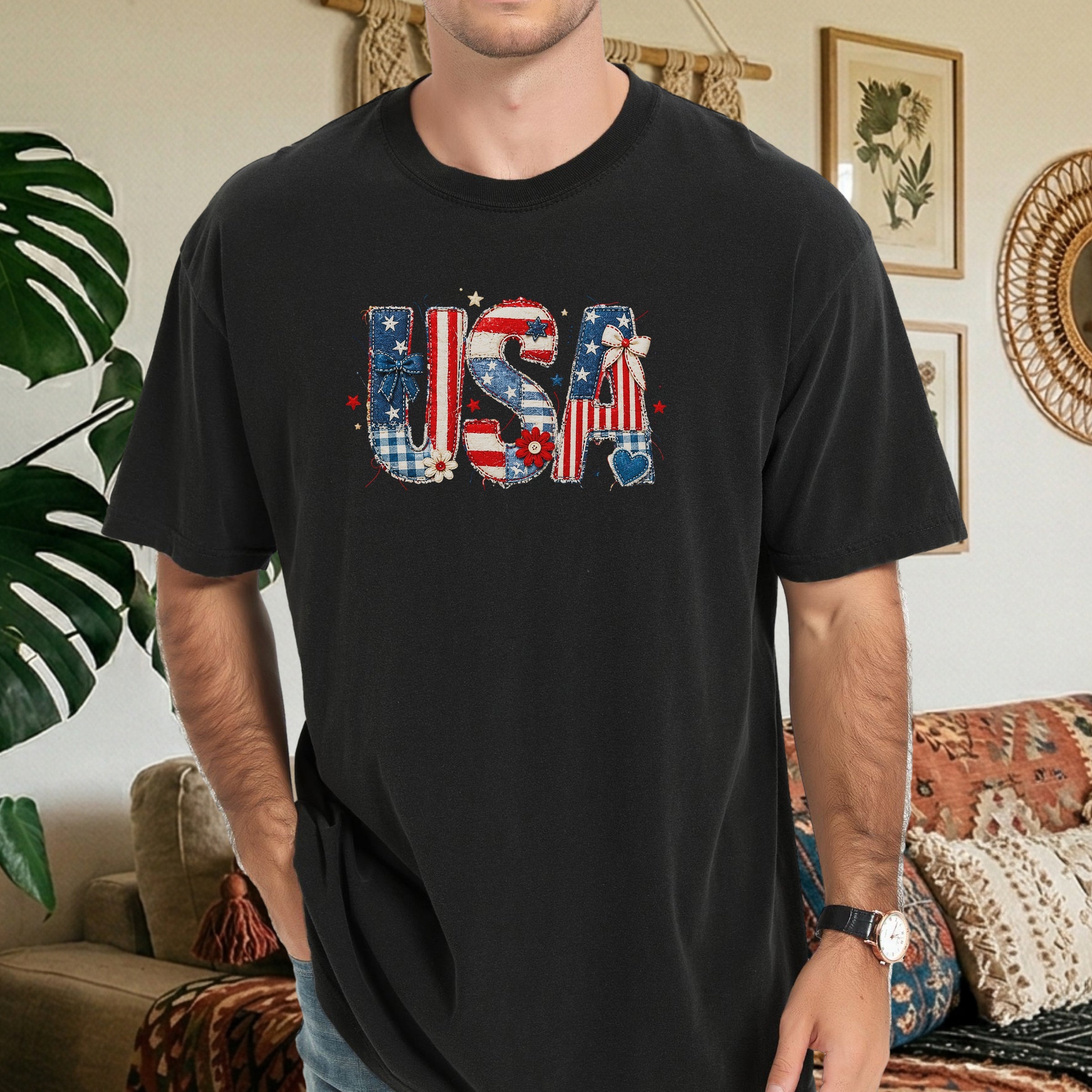 USA Faux Patchwork Letters America 250 Shirt