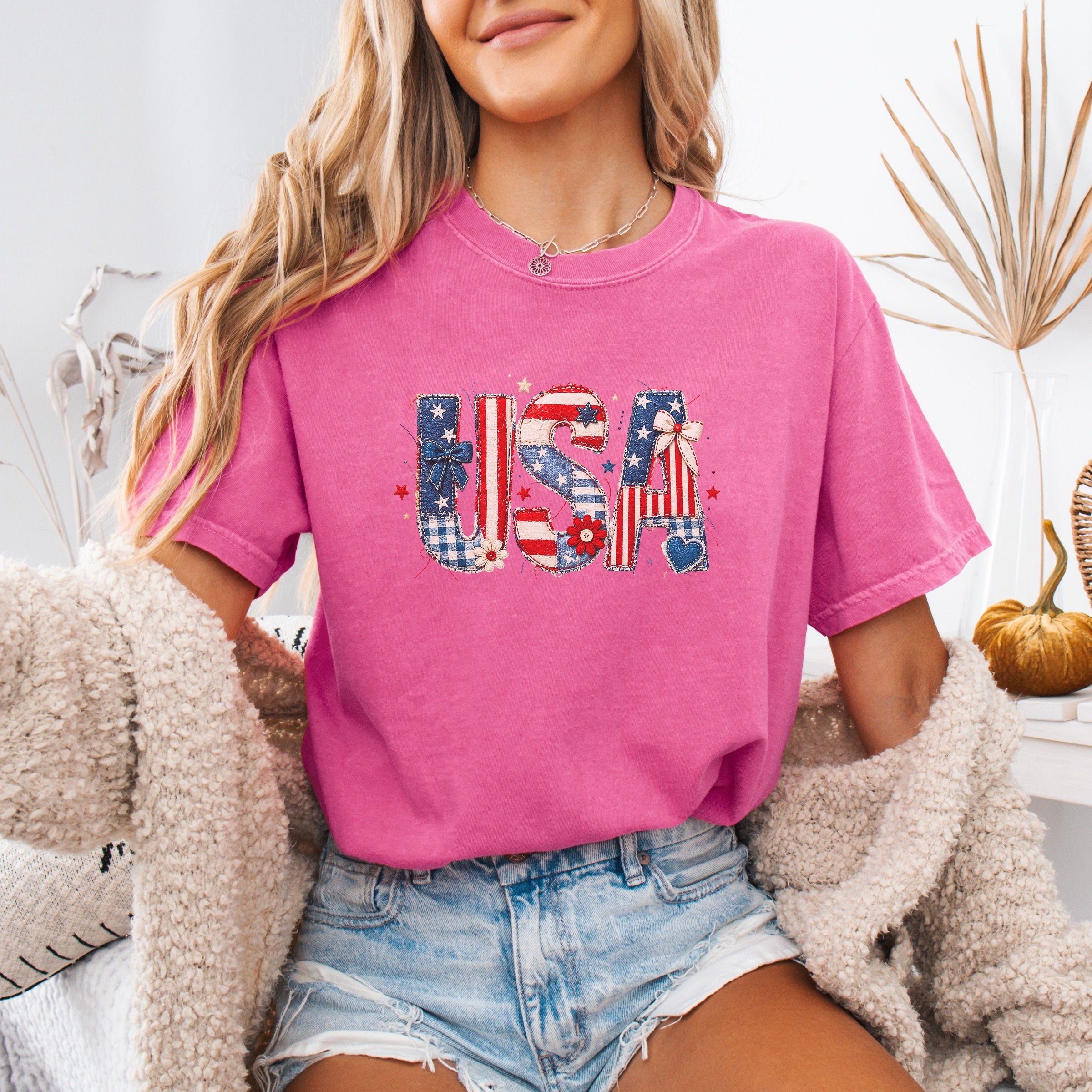 USA Faux Patchwork Letters America 250 Shirt