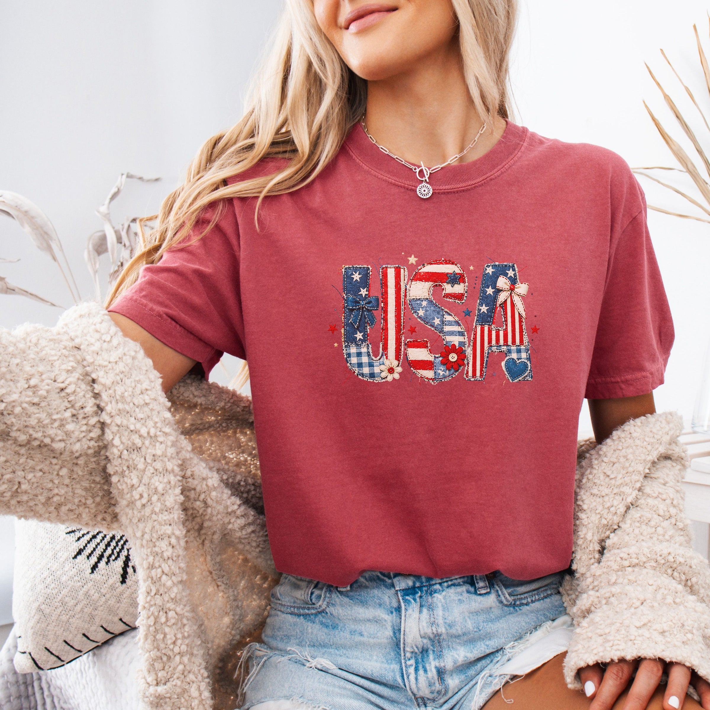 USA Faux Patchwork Letters America 250 Shirt