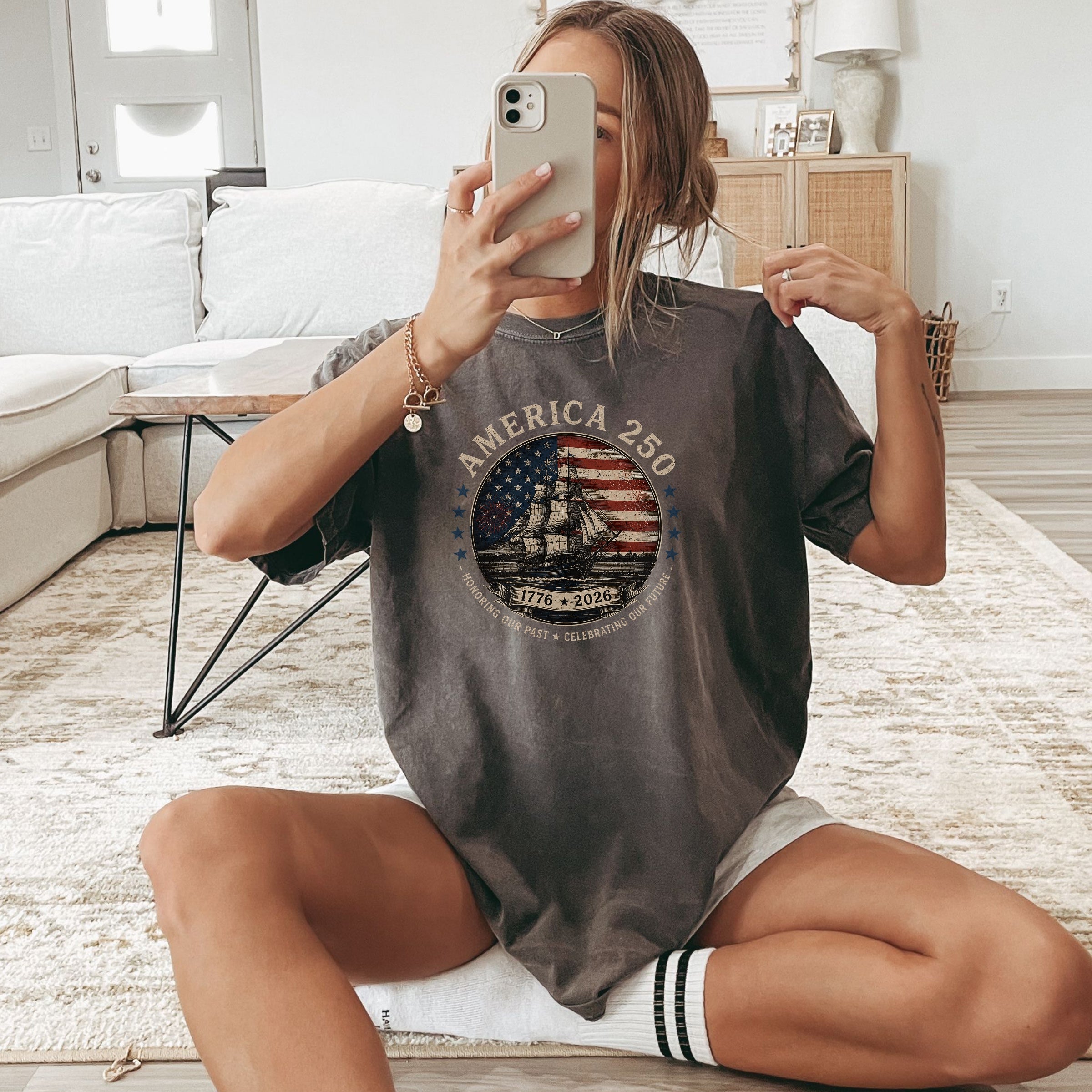 America 250 Vintage Ship & Flag T-Shirt, 1776–2026 Independence Tee