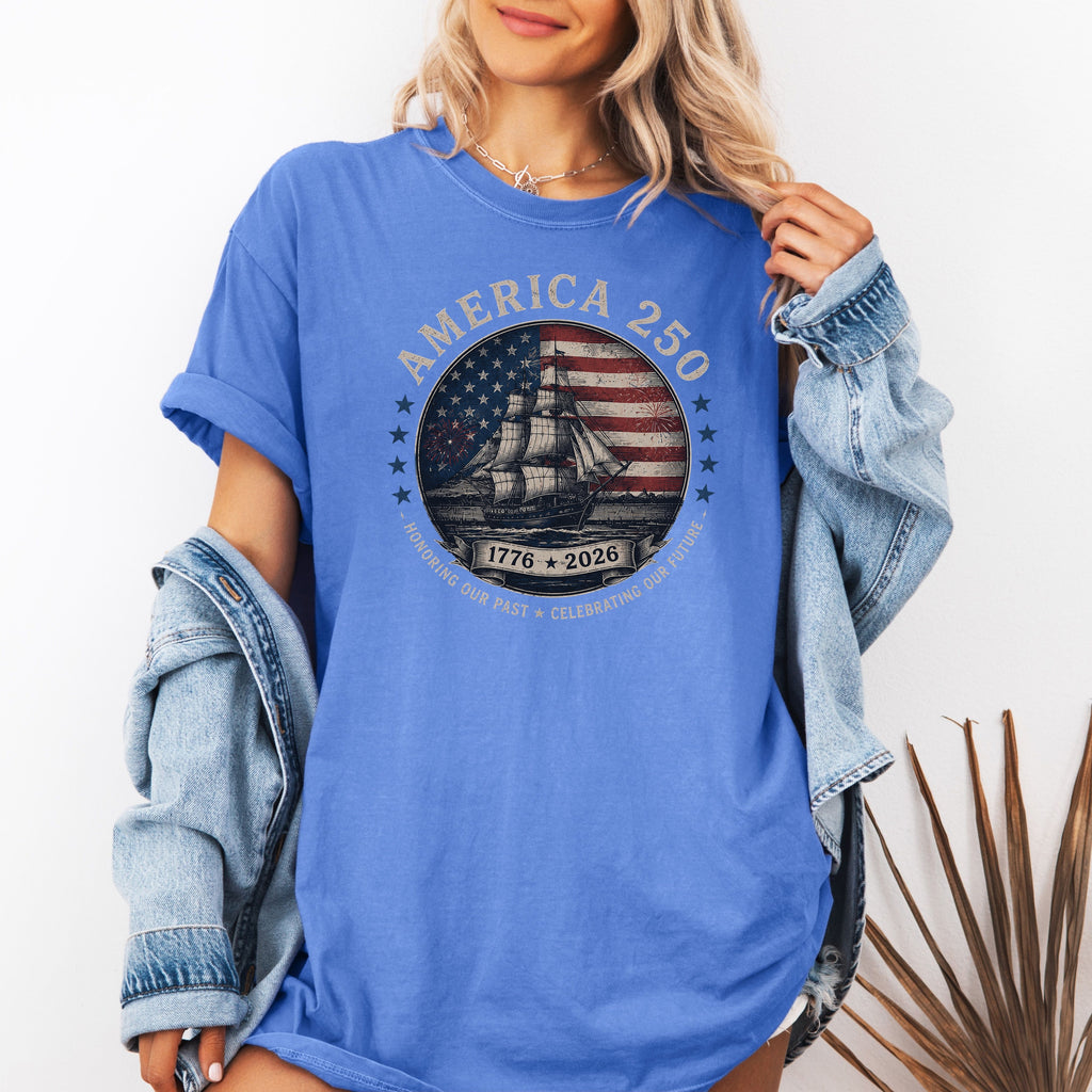 America 250 Vintage Ship & Flag T-Shirt, 1776–2026 Independence Tee