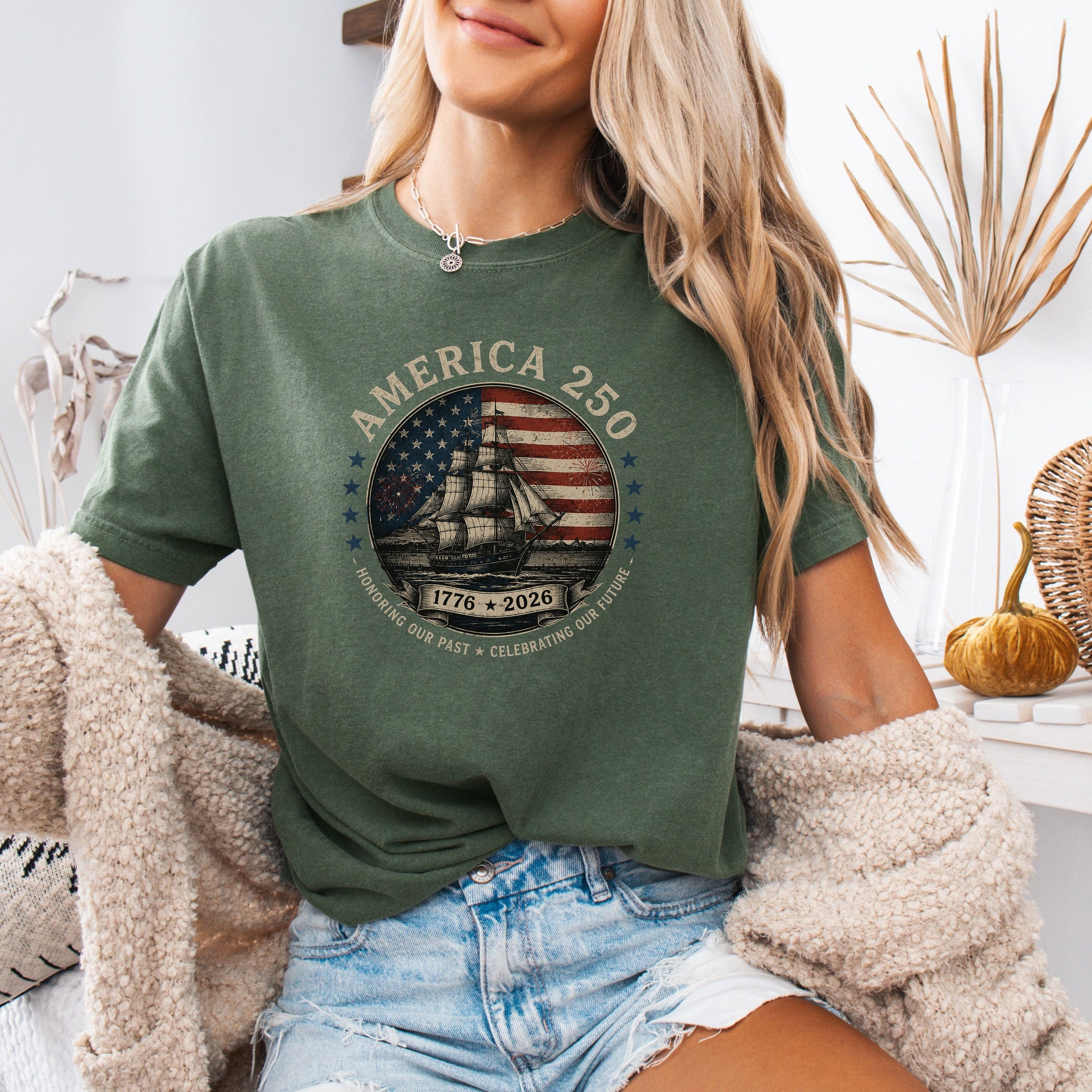 America 250 Vintage Ship & Flag T-Shirt, 1776–2026 Independence Tee