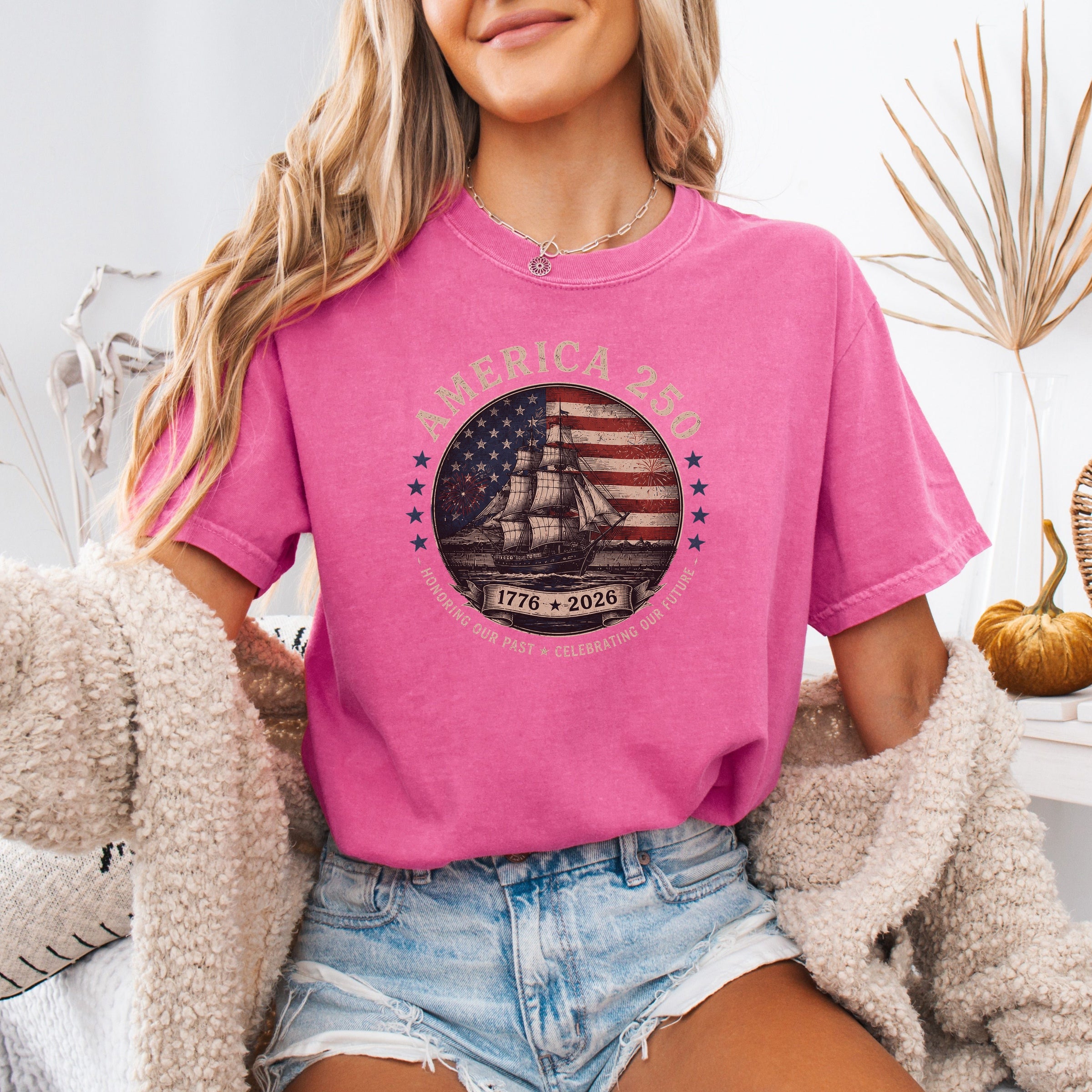 America 250 Vintage Ship & Flag T-Shirt, 1776–2026 Independence Tee