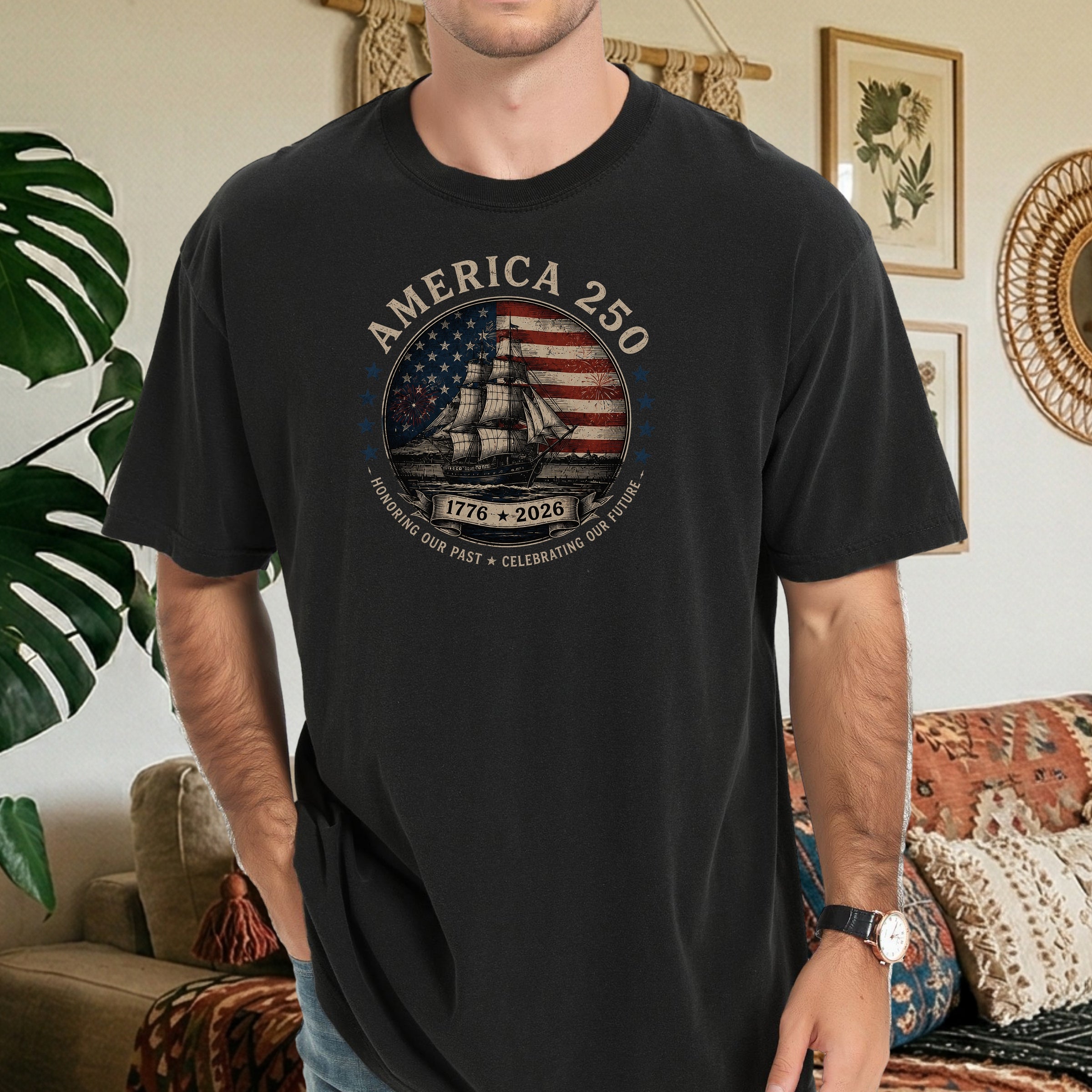 America 250 Vintage Ship & Flag T-Shirt, 1776–2026 Independence Tee