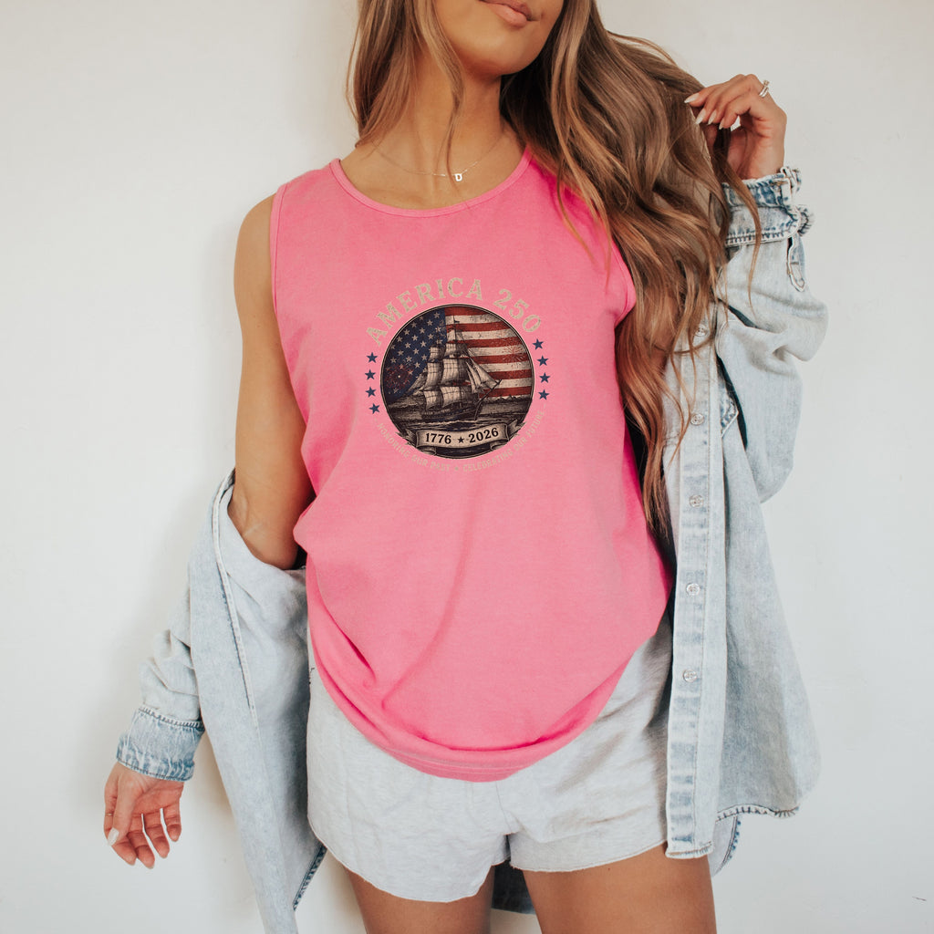 America 250 Vintage Ship & Flag Tank Top, 1776–2026 Independence Shirt