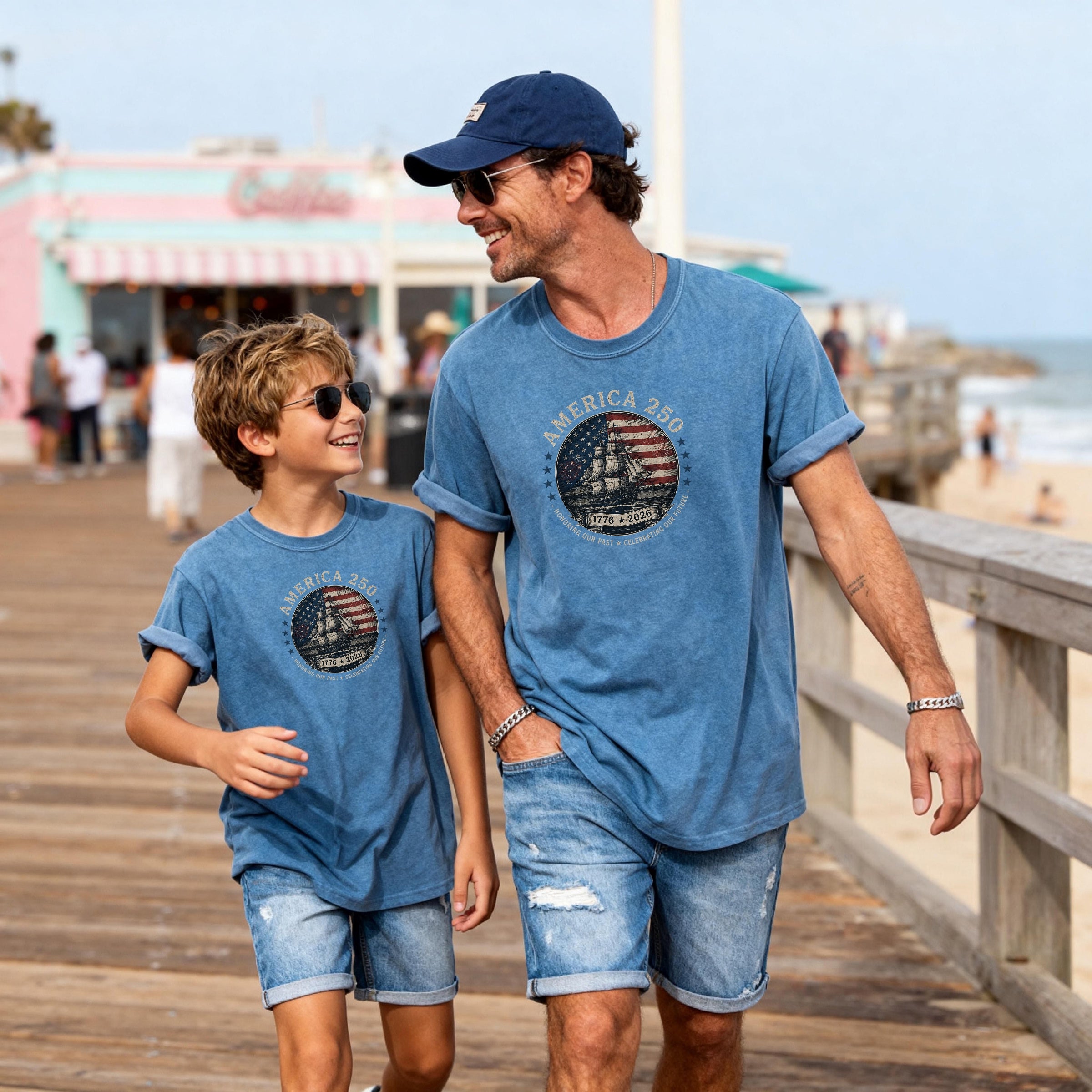 America 250 Vintage Ship & Flag Youth Tee, 1776–2026 Independence Shirt