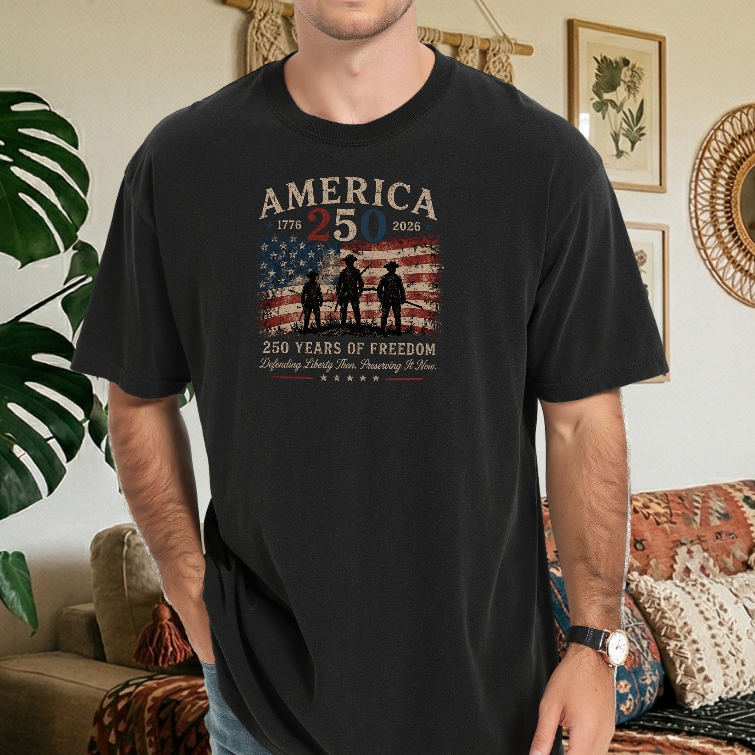 Defending Liberty America 250 Patriotic T-Shirt, 250 Years of Freedom Flag Tee