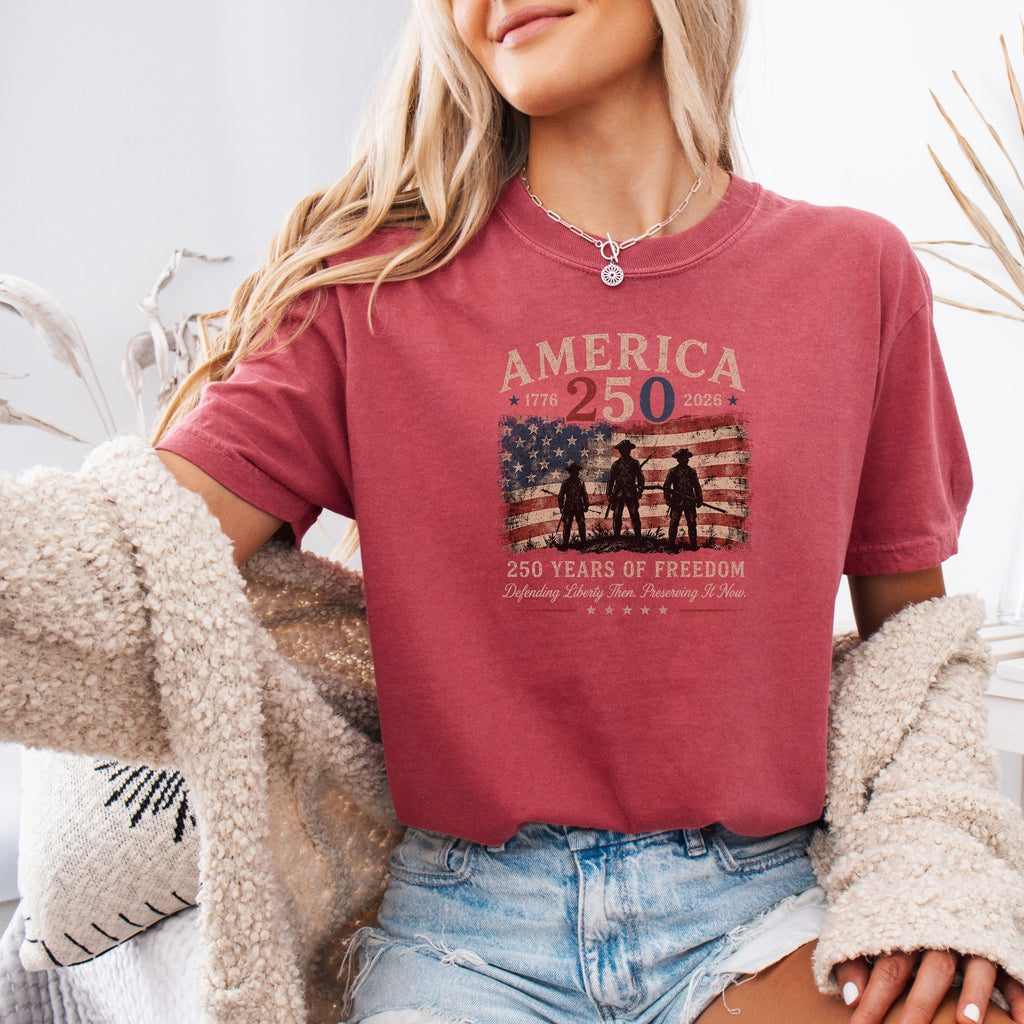 Defending Liberty America 250 Patriotic T-Shirt, 250 Years of Freedom Flag Tee