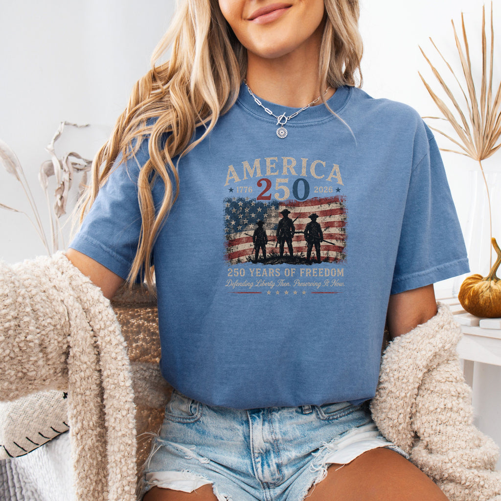 Defending Liberty America 250 Patriotic T-Shirt, 250 Years of Freedom Flag Tee