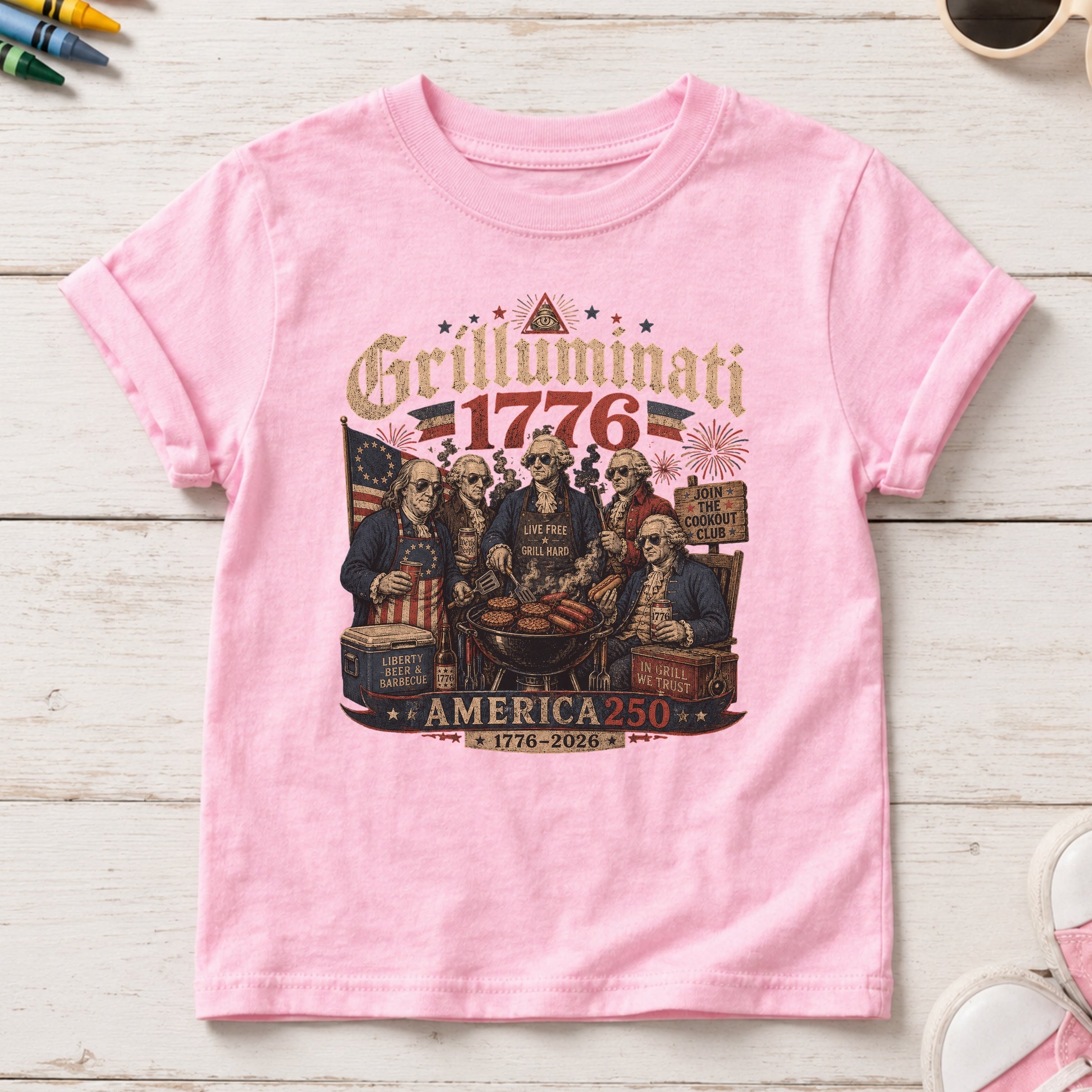 Founding Fathers Grilluminati Patriotic Youth Tee, America250 1776–2026 Vintage Shirt