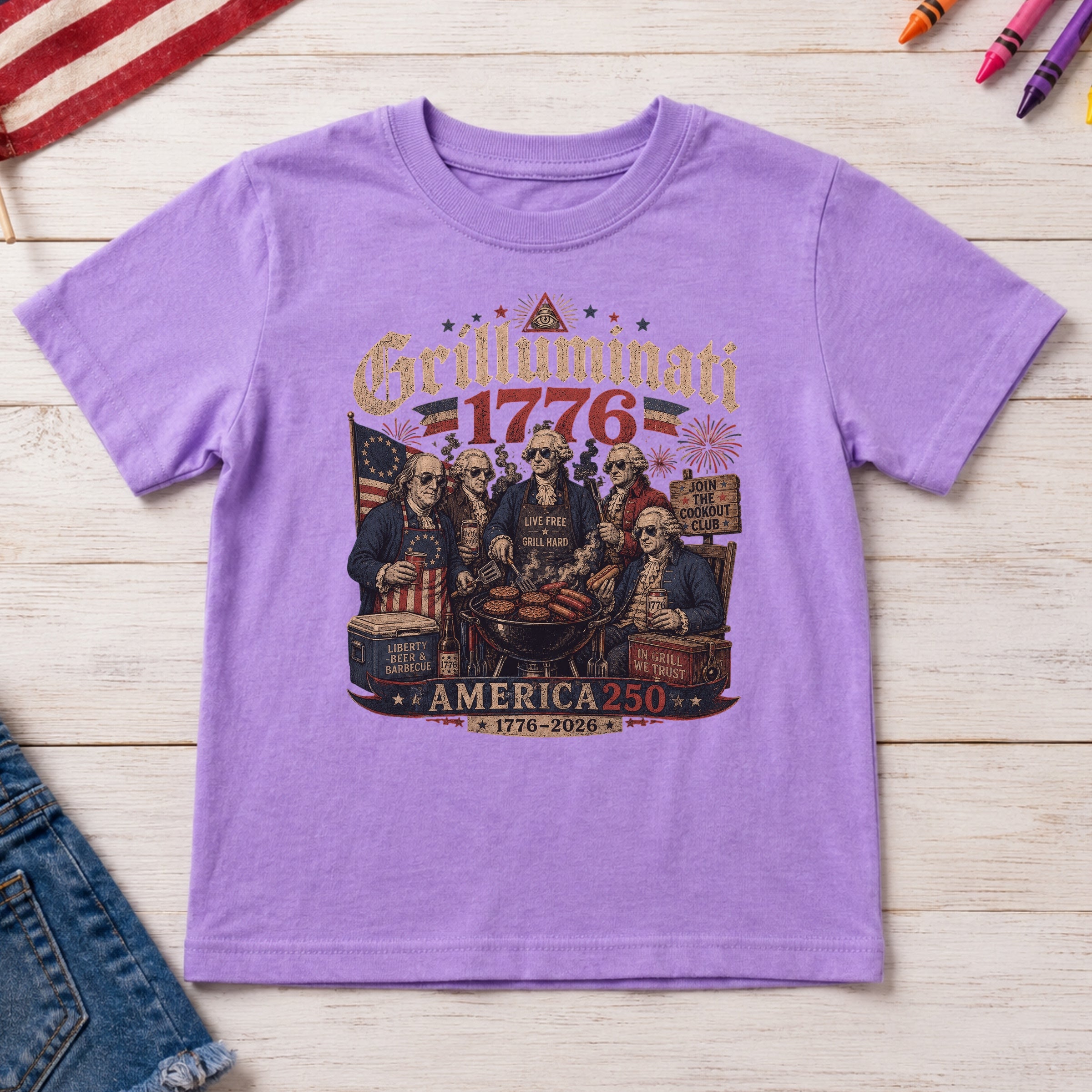 Founding Fathers Grilluminati Patriotic Youth Tee, America250 1776–2026 Vintage Shirt