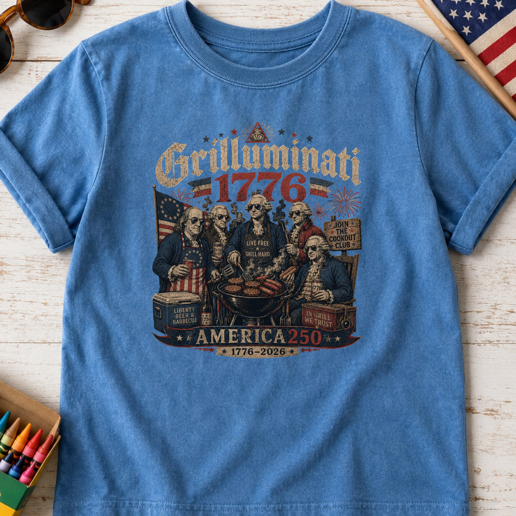 Founding Fathers Grilluminati Patriotic Youth Tee, America250 1776–2026 Vintage Shirt