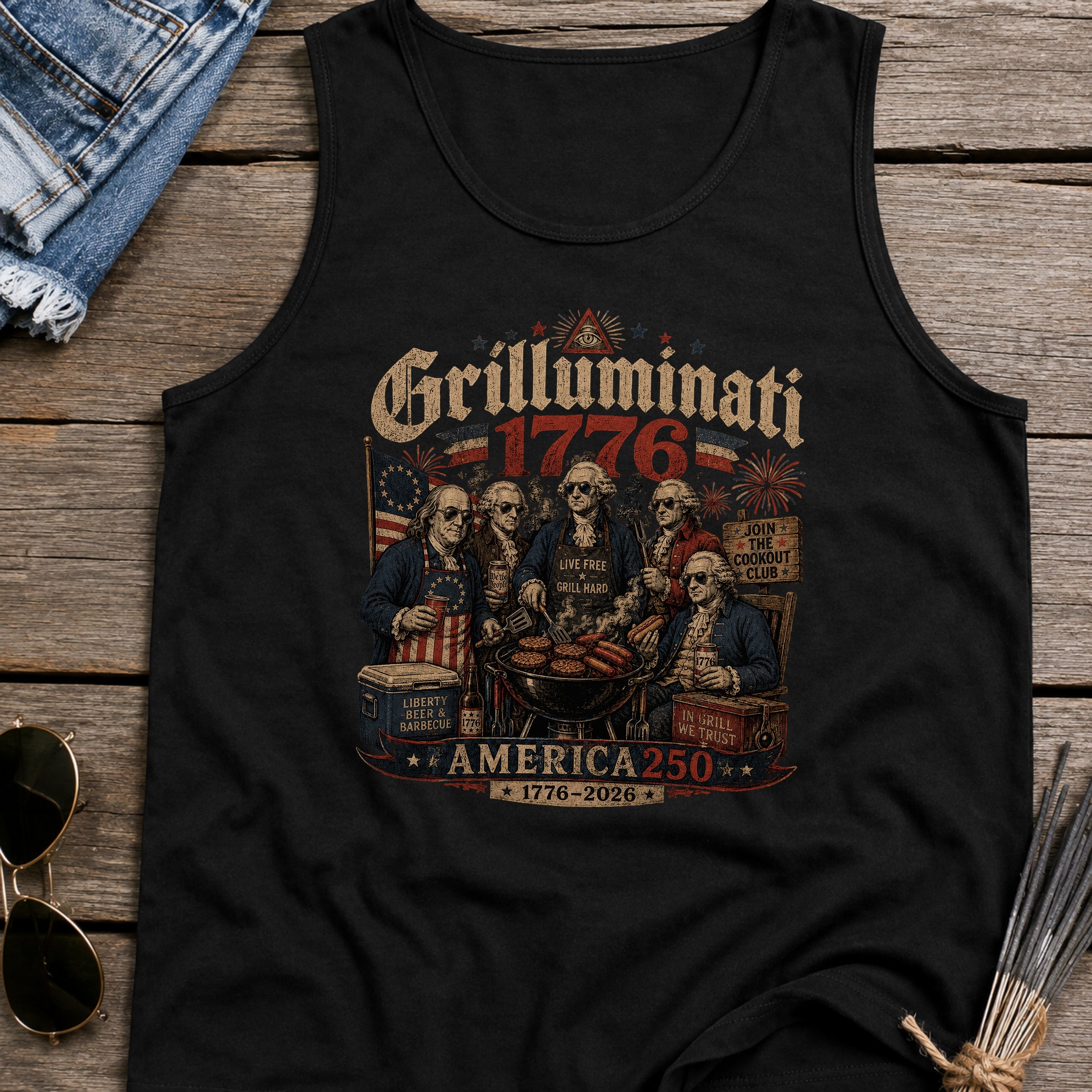 Founding Fathers Grilluminati Patriotic Tank Top, America250 1776–2026 Vintage Shirt