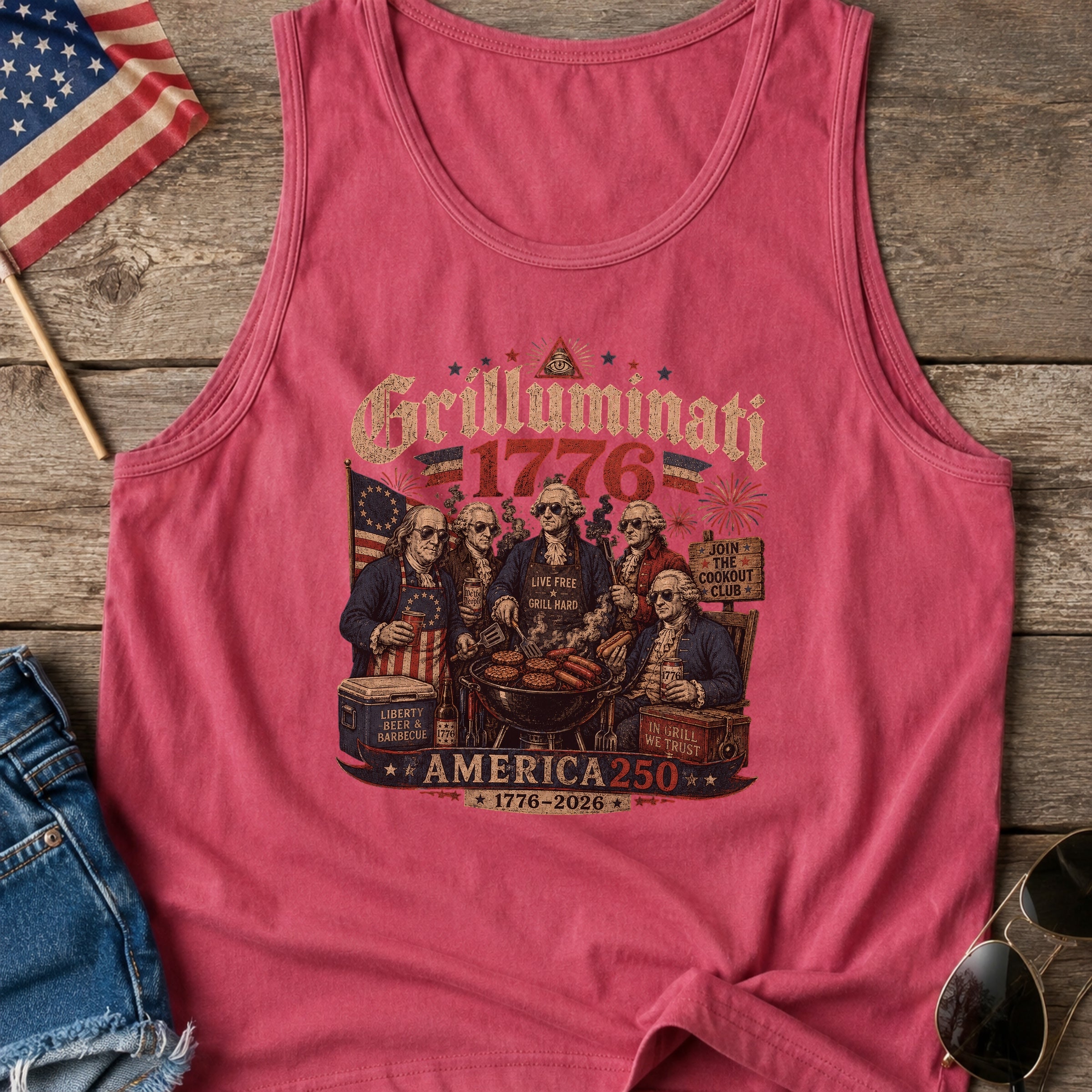 Founding Fathers Grilluminati Patriotic Tank Top, America250 1776–2026 Vintage Shirt
