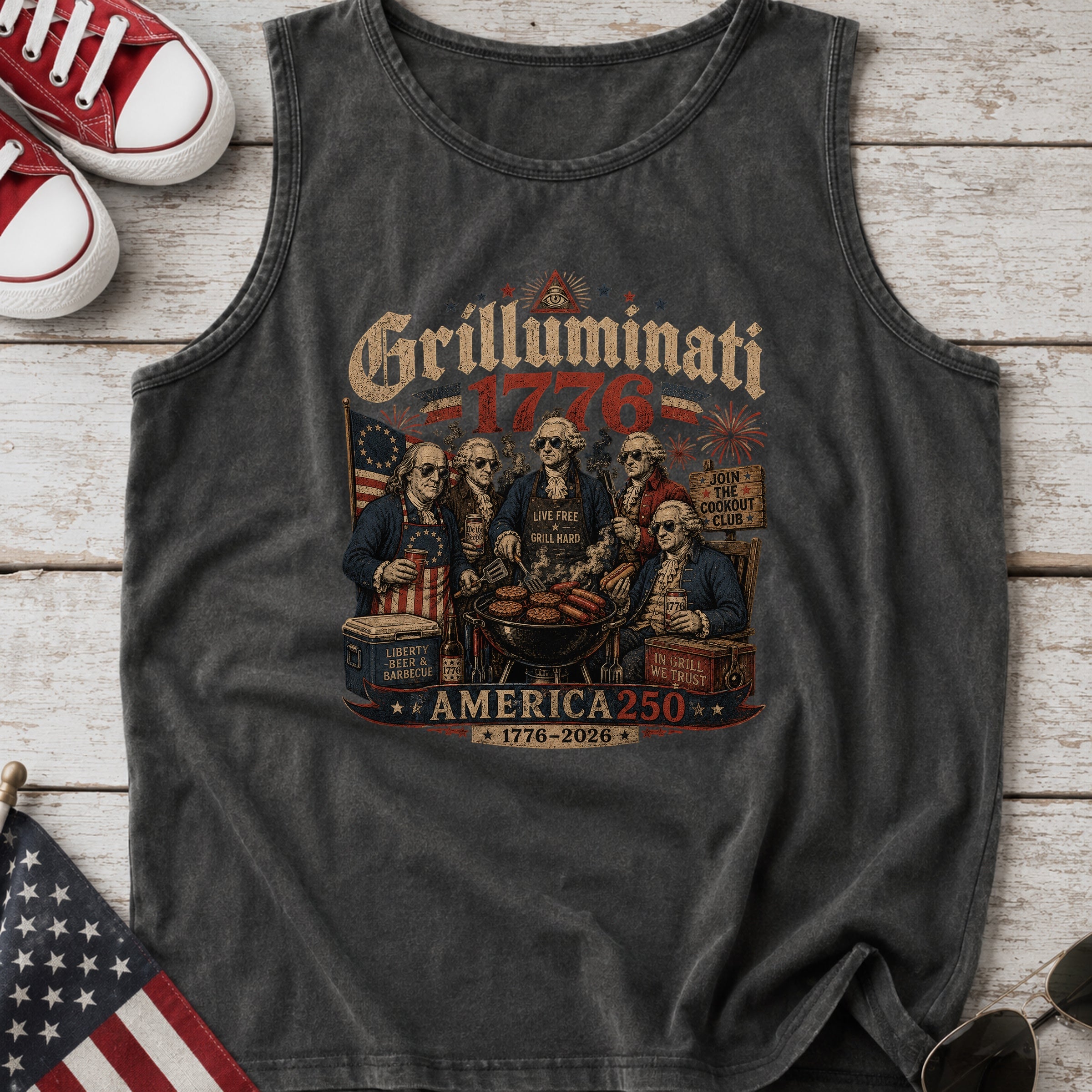Founding Fathers Grilluminati Patriotic Tank Top, America250 1776–2026 Vintage Shirt