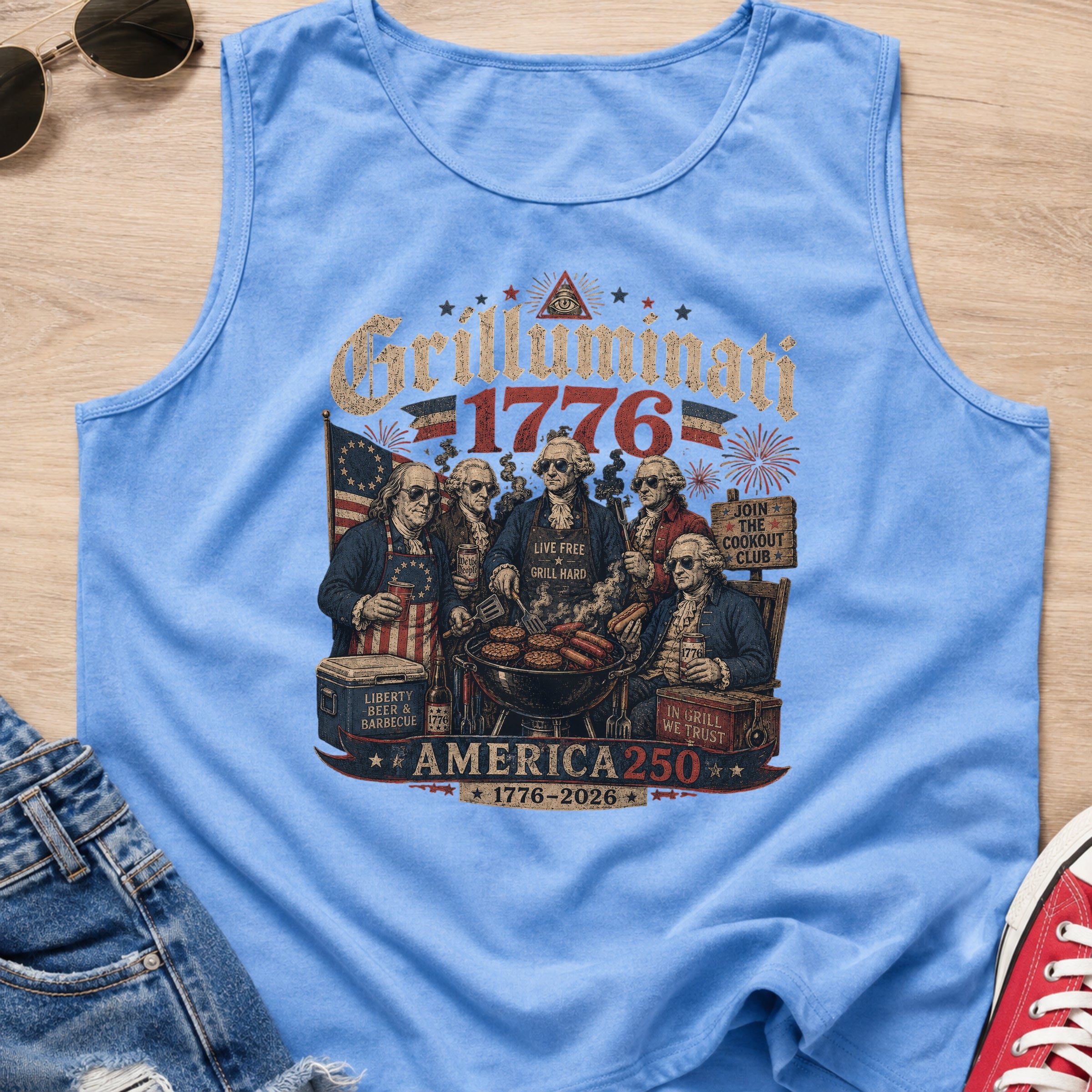 Founding Fathers Grilluminati Patriotic Tank Top, America250 1776–2026 Vintage Shirt