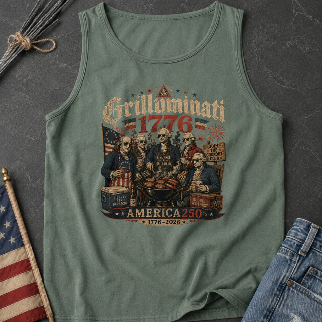 Founding Fathers Grilluminati Patriotic Tank Top, America250 1776–2026 Vintage Shirt