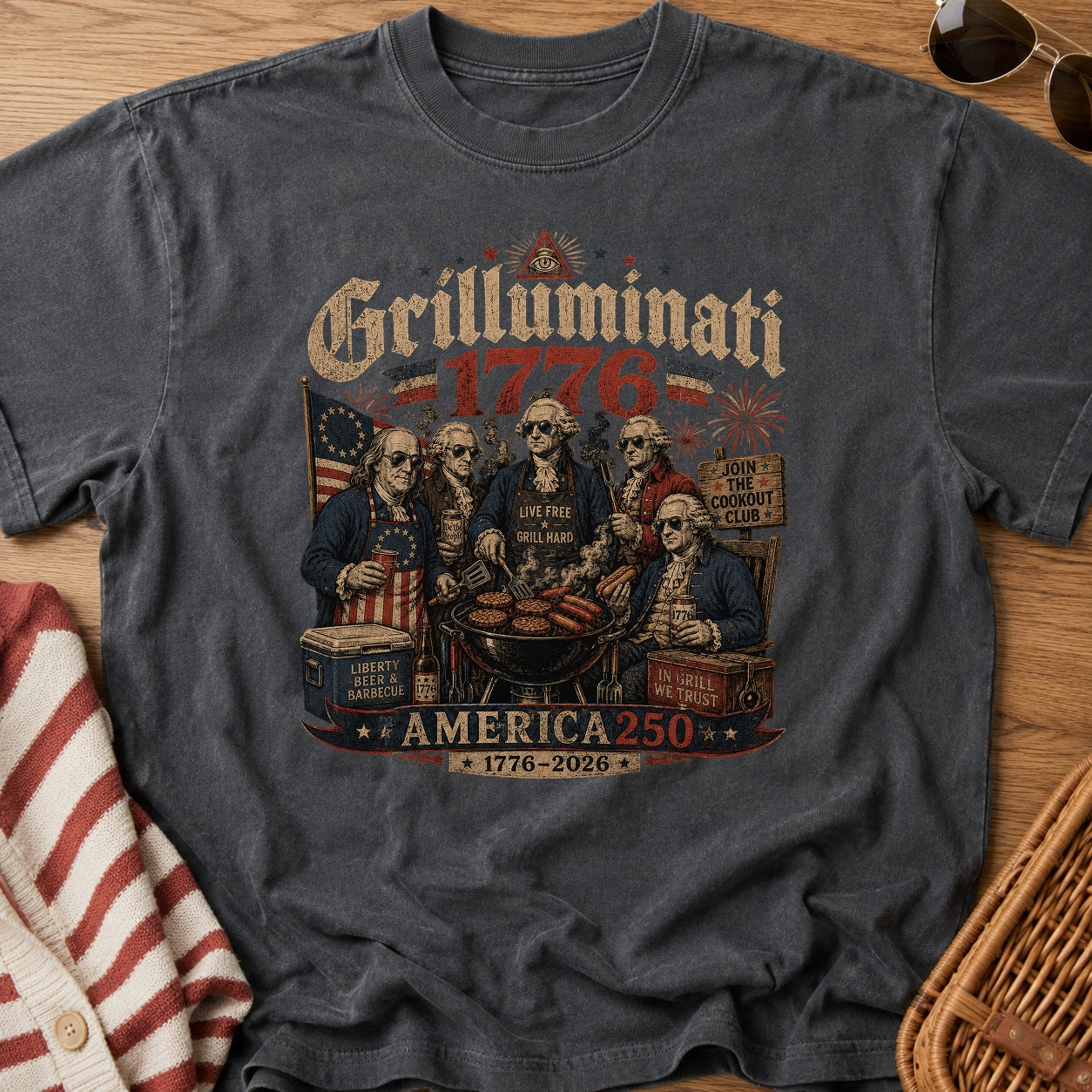 Founding Fathers Grilluminati Patriotic T-Shirt, America250 1776–2026 Vintage Tee