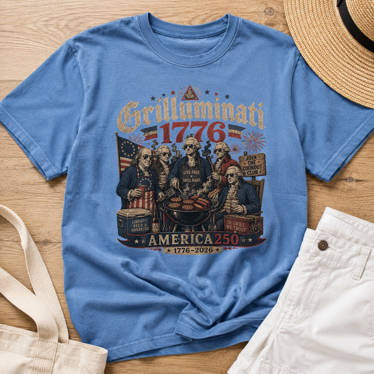 Founding Fathers Grilluminati Patriotic T-Shirt, America250 1776–2026 Vintage Tee