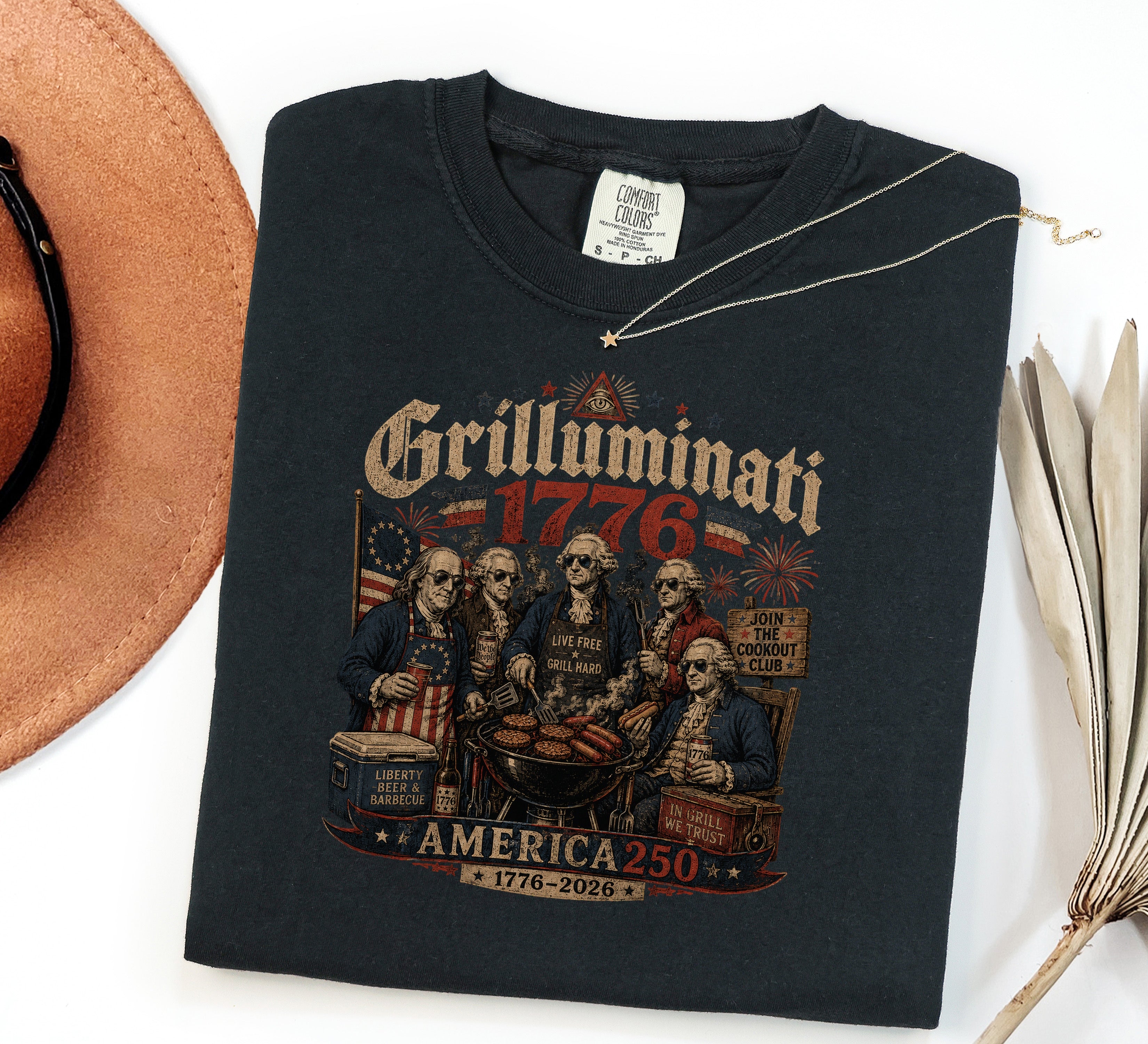 Founding Fathers Grilluminati Patriotic T-Shirt, America250 1776–2026 Vintage Tee