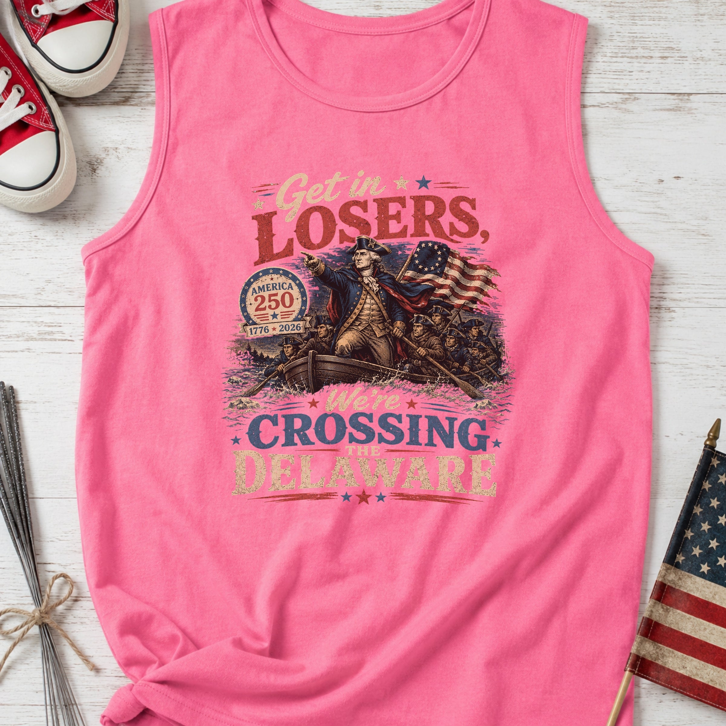 Get in Losers, We're Crossing Delaware Patriotic George Washington Vintage Design Tank Top