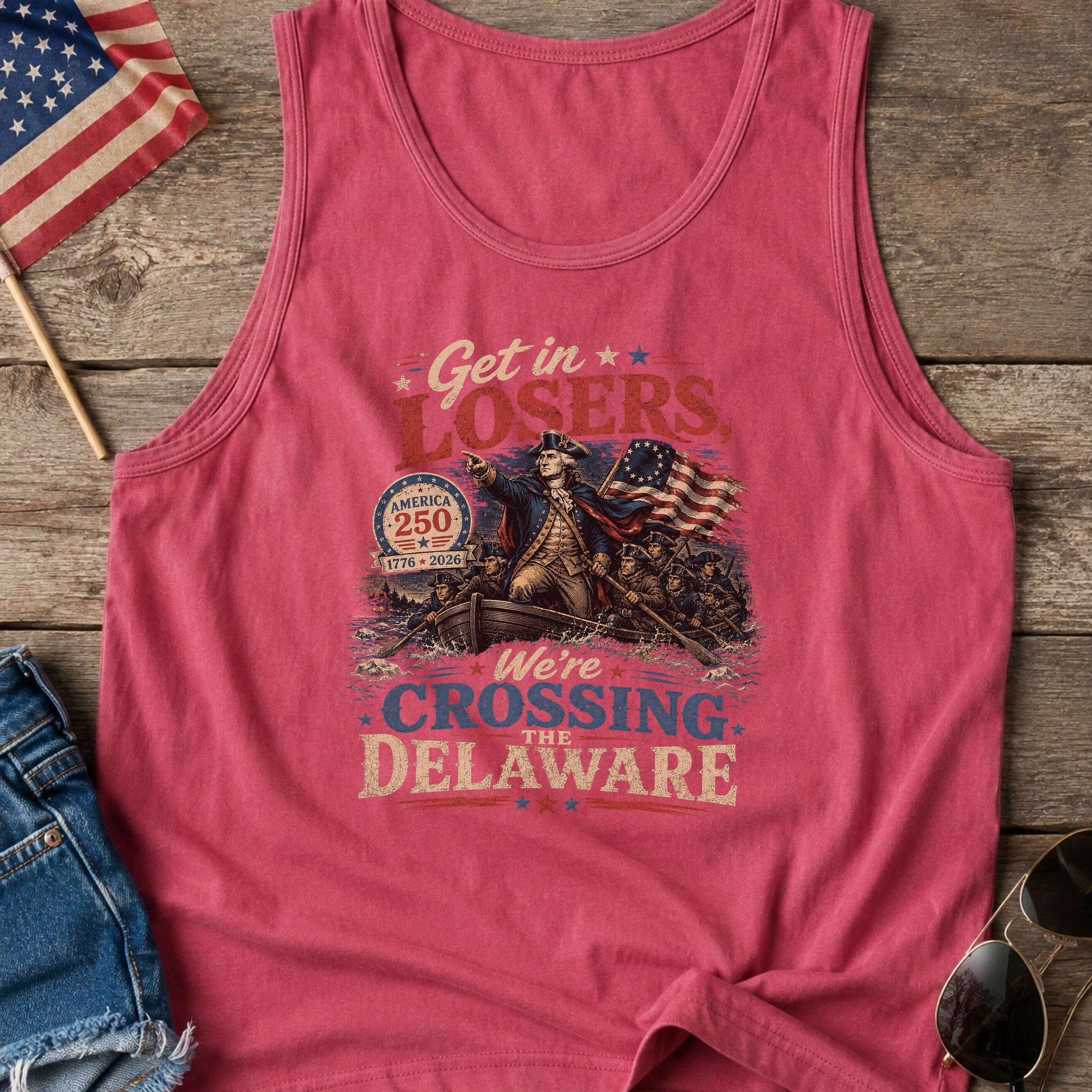 Get in Losers, We're Crossing Delaware Patriotic George Washington Vintage Design Tank Top