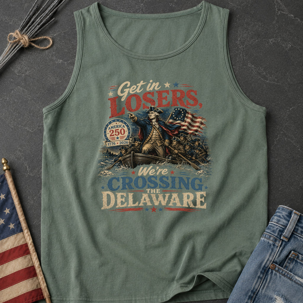 Get in Losers, We're Crossing Delaware Patriotic George Washington Vintage Design Tank Top