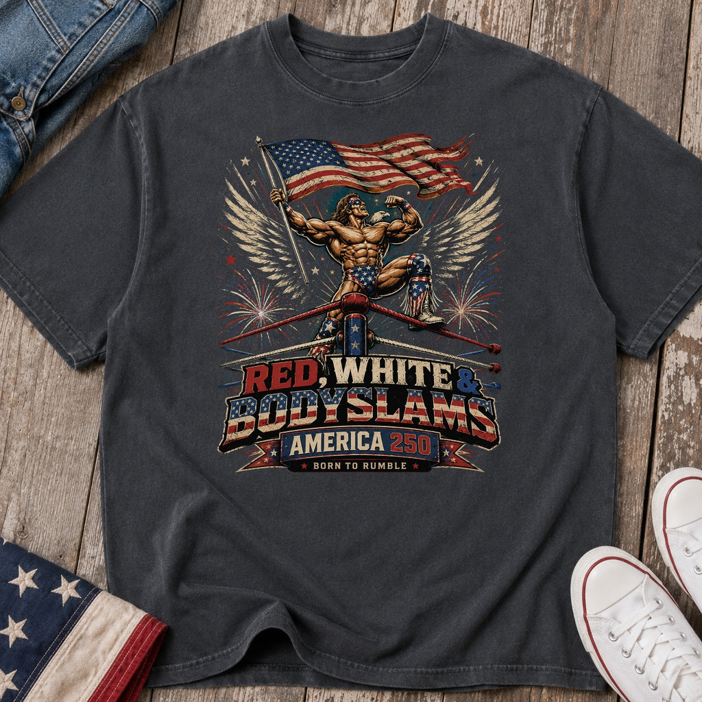 Patriotic 'Red, White, & Body Slams' Graphic T-Shirt, Wrestling Tee
