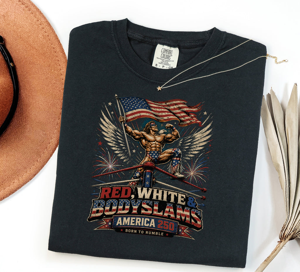 Patriotic 'Red, White, & Body Slams' Graphic T-Shirt, Wrestling Tee