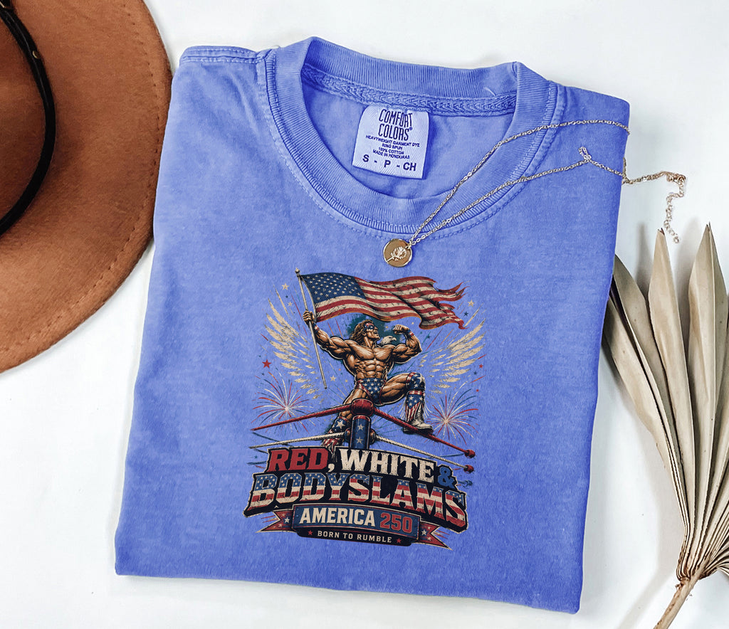 Patriotic 'Red, White, & Body Slams' Graphic T-Shirt, Wrestling Tee
