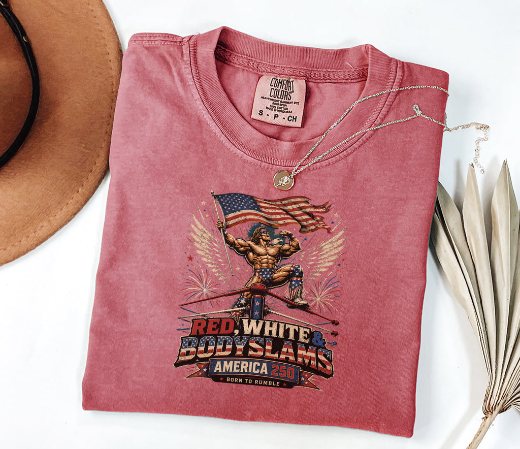Patriotic 'Red, White, & Body Slams' Graphic T-Shirt, Wrestling Tee