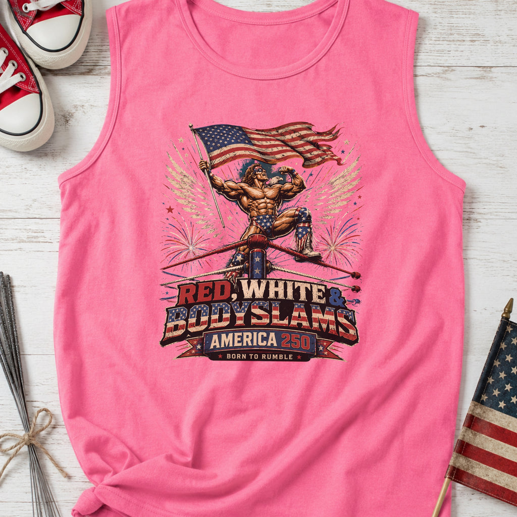 Patriotic 'Red, White, & Body Slams' Graphic Tank Top, Wrestling Top