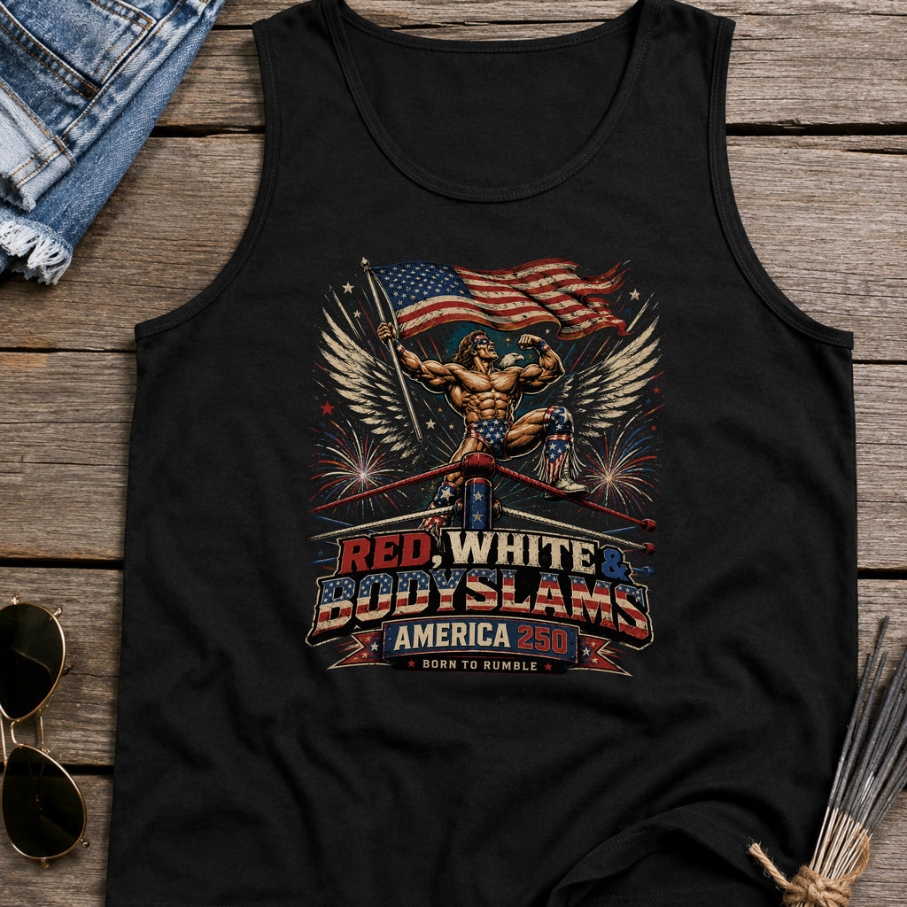 Patriotic 'Red, White, & Body Slams' Graphic Tank Top, Wrestling Top
