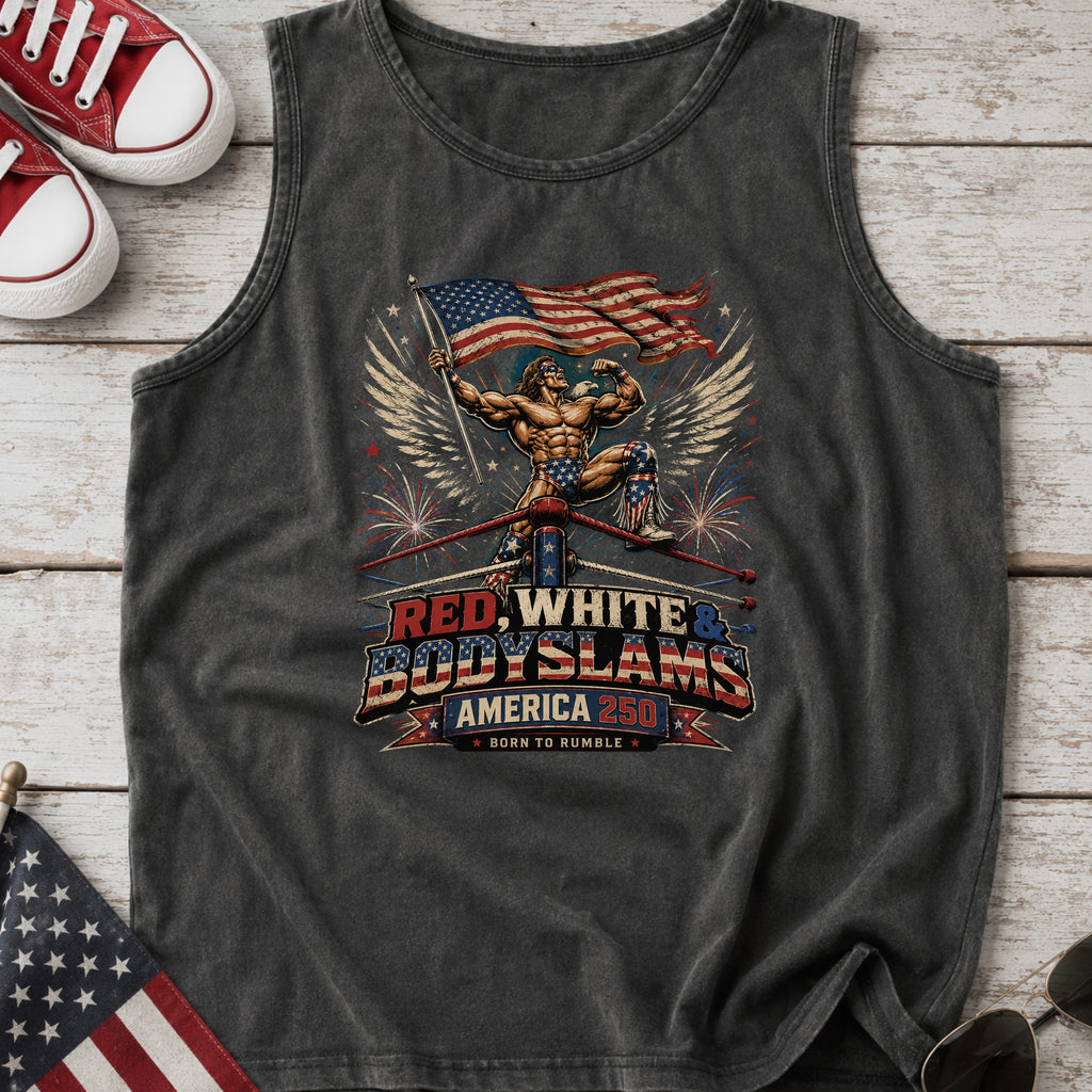 Patriotic 'Red, White, & Body Slams' Graphic Tank Top, Wrestling Top
