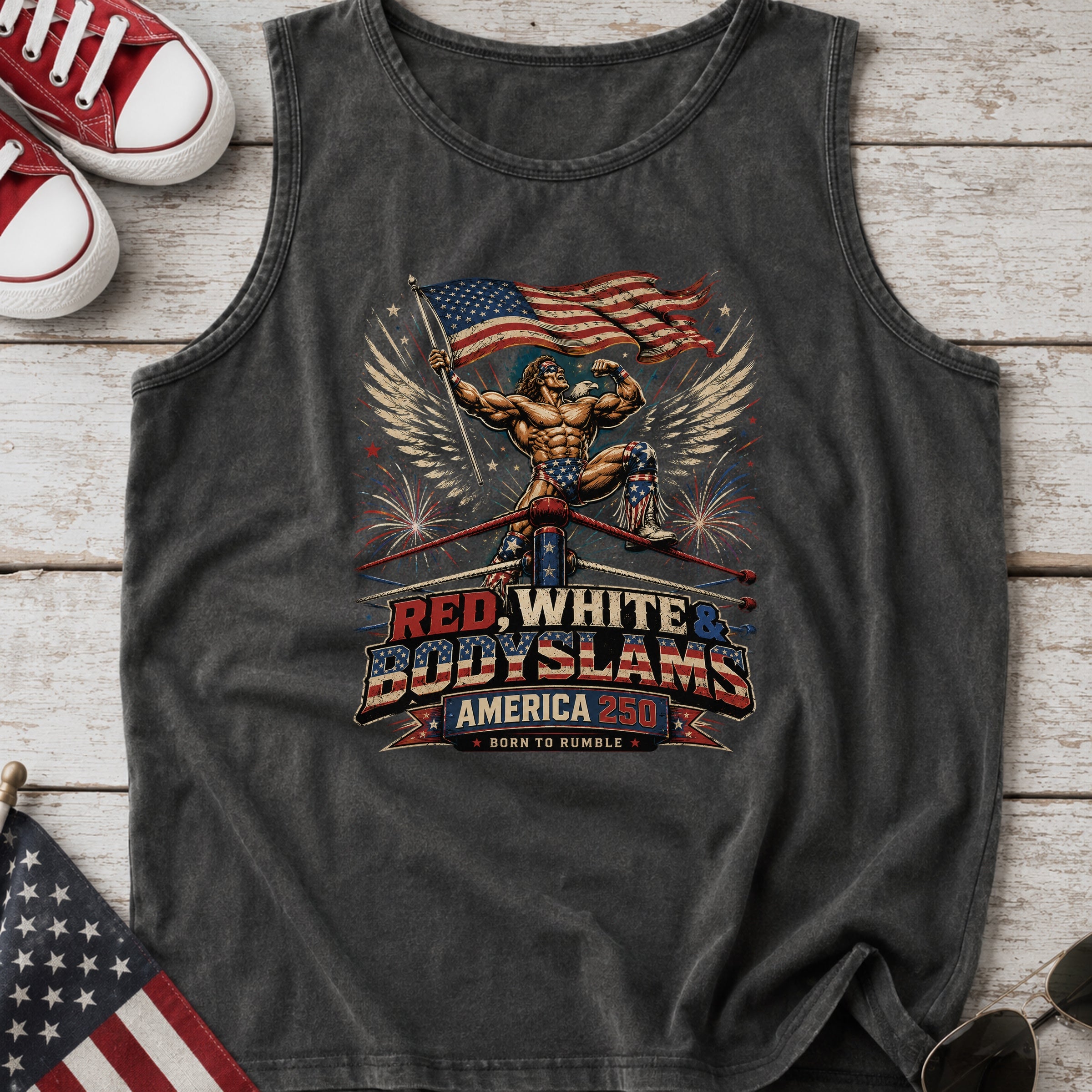 Patriotic 'Red, White, & Body Slams' Graphic Tank Top, Wrestling Top
