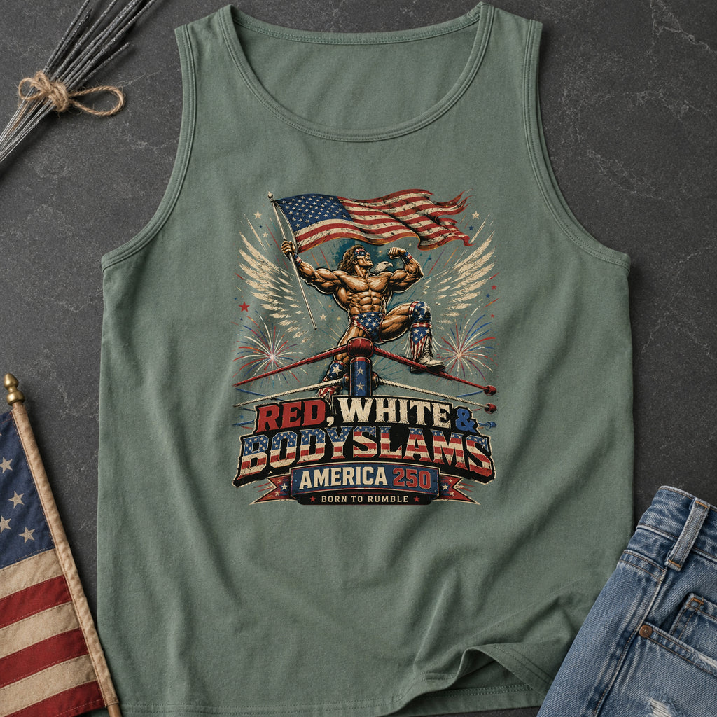 Patriotic 'Red, White, & Body Slams' Graphic Tank Top, Wrestling Top