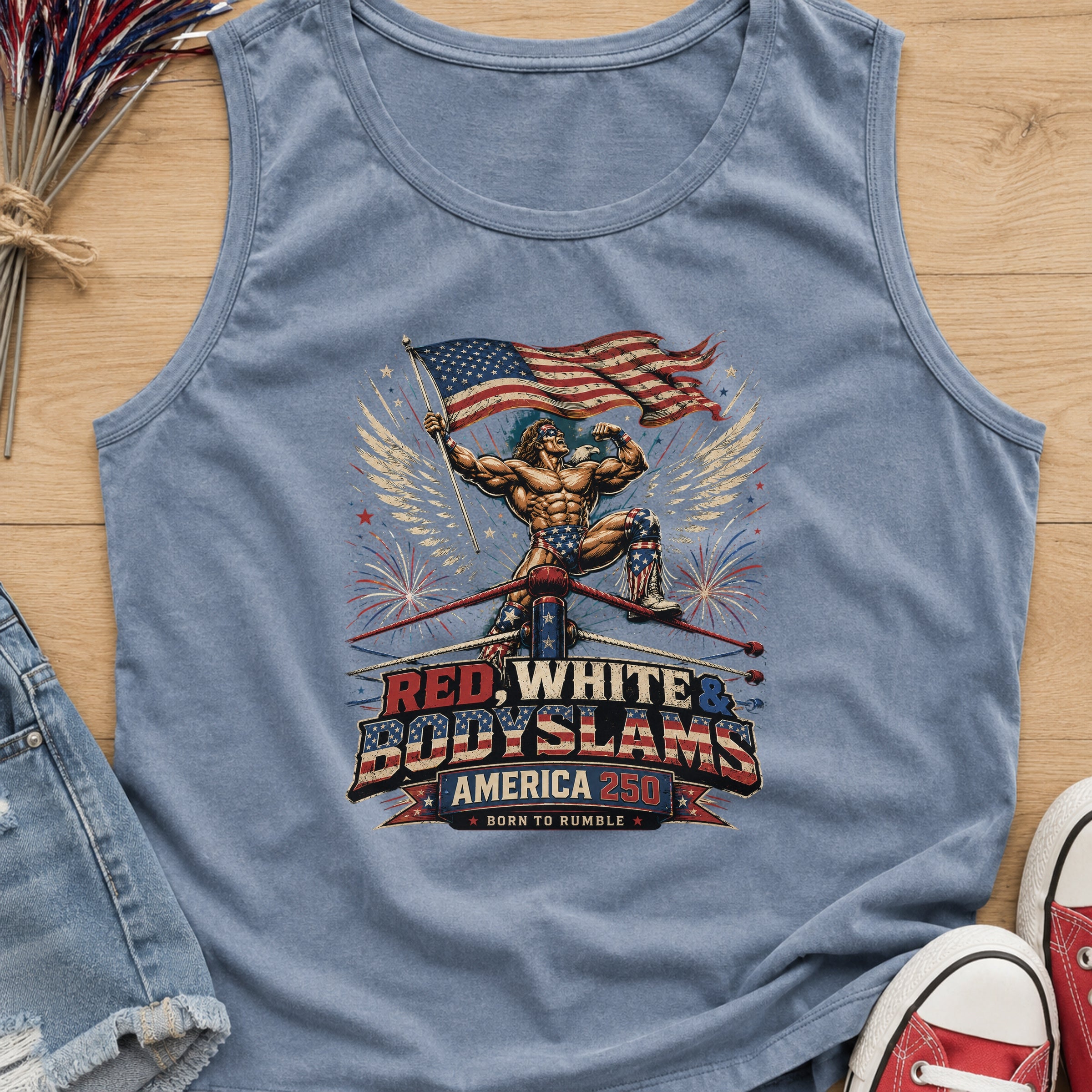 Patriotic 'Red, White, & Body Slams' Graphic Tank Top, Wrestling Top