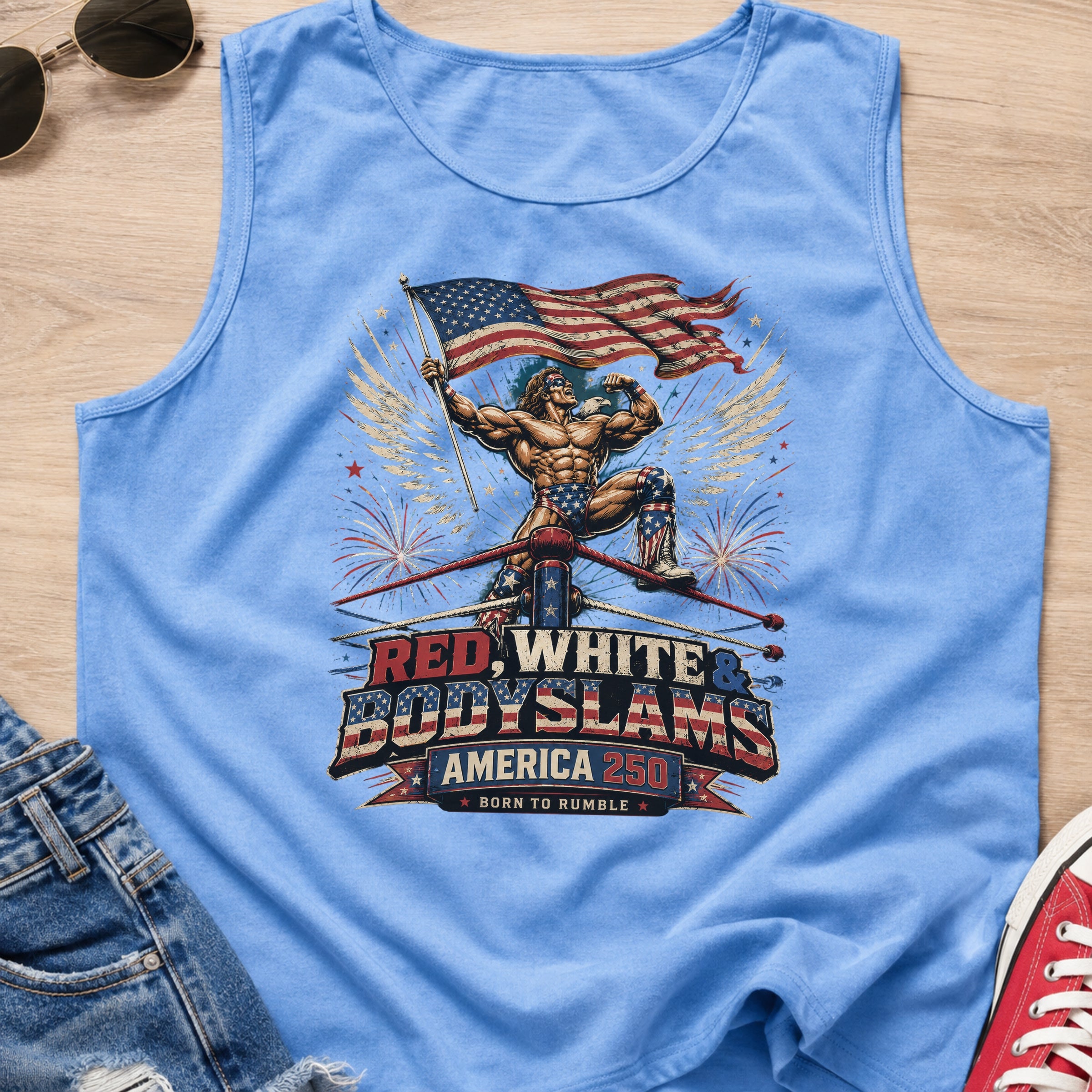 Patriotic 'Red, White, & Body Slams' Graphic Tank Top, Wrestling Top