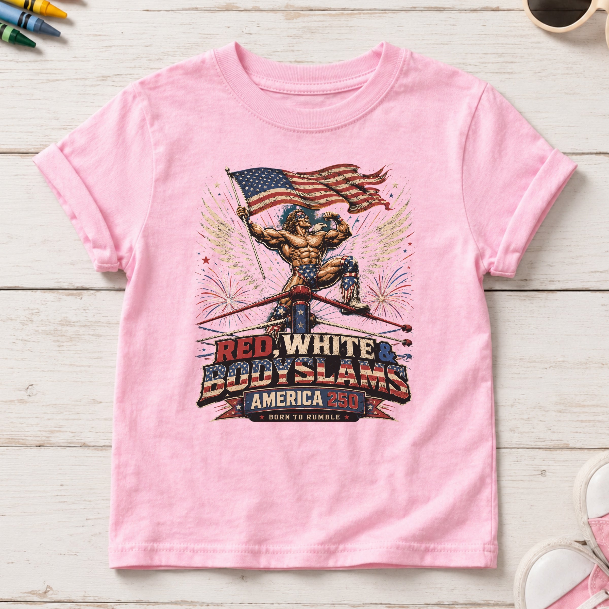Patriotic 'Red, White, & Body Slams' Graphic Youth Tee, Wrestling Top