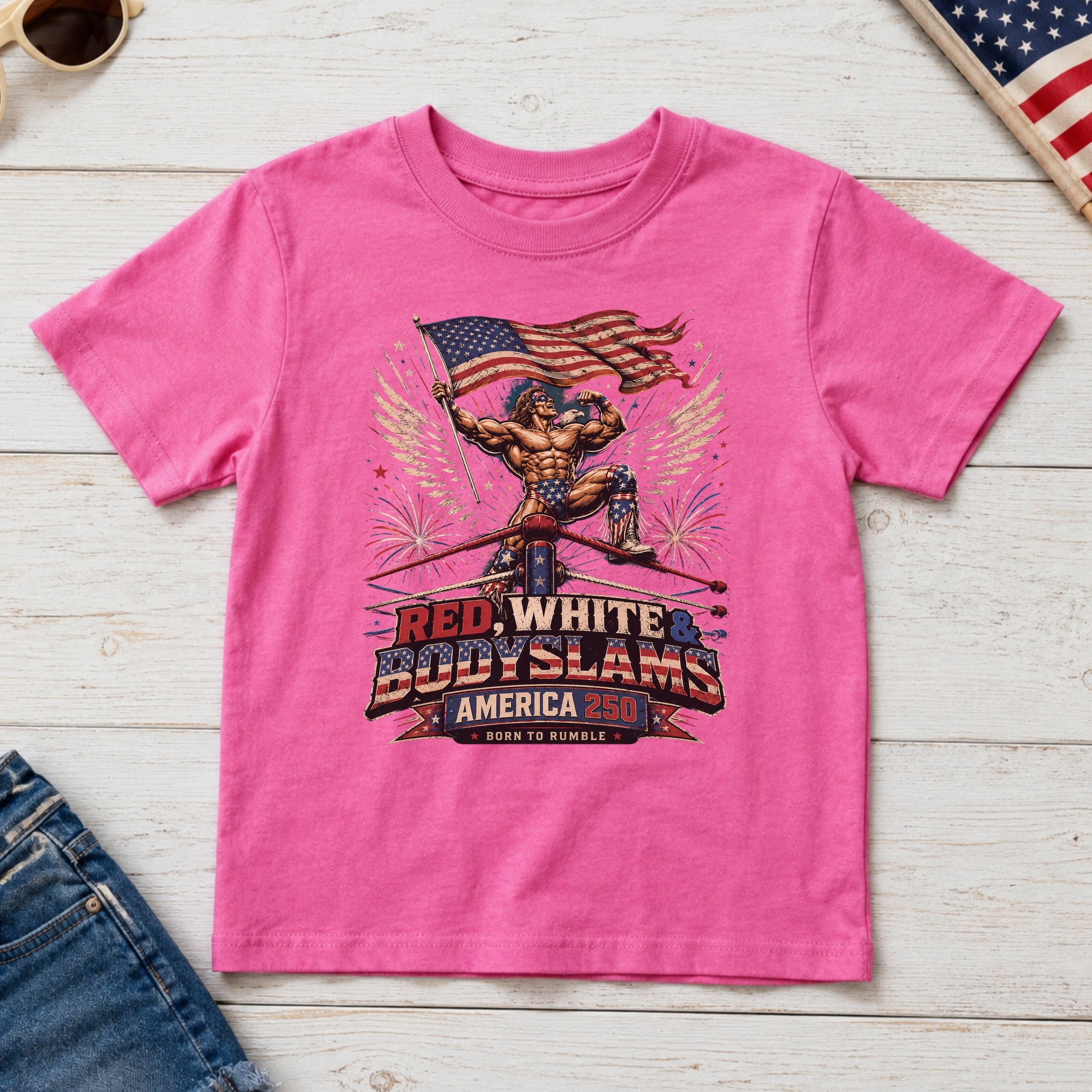 Patriotic 'Red, White, & Body Slams' Graphic Youth Tee, Wrestling Top