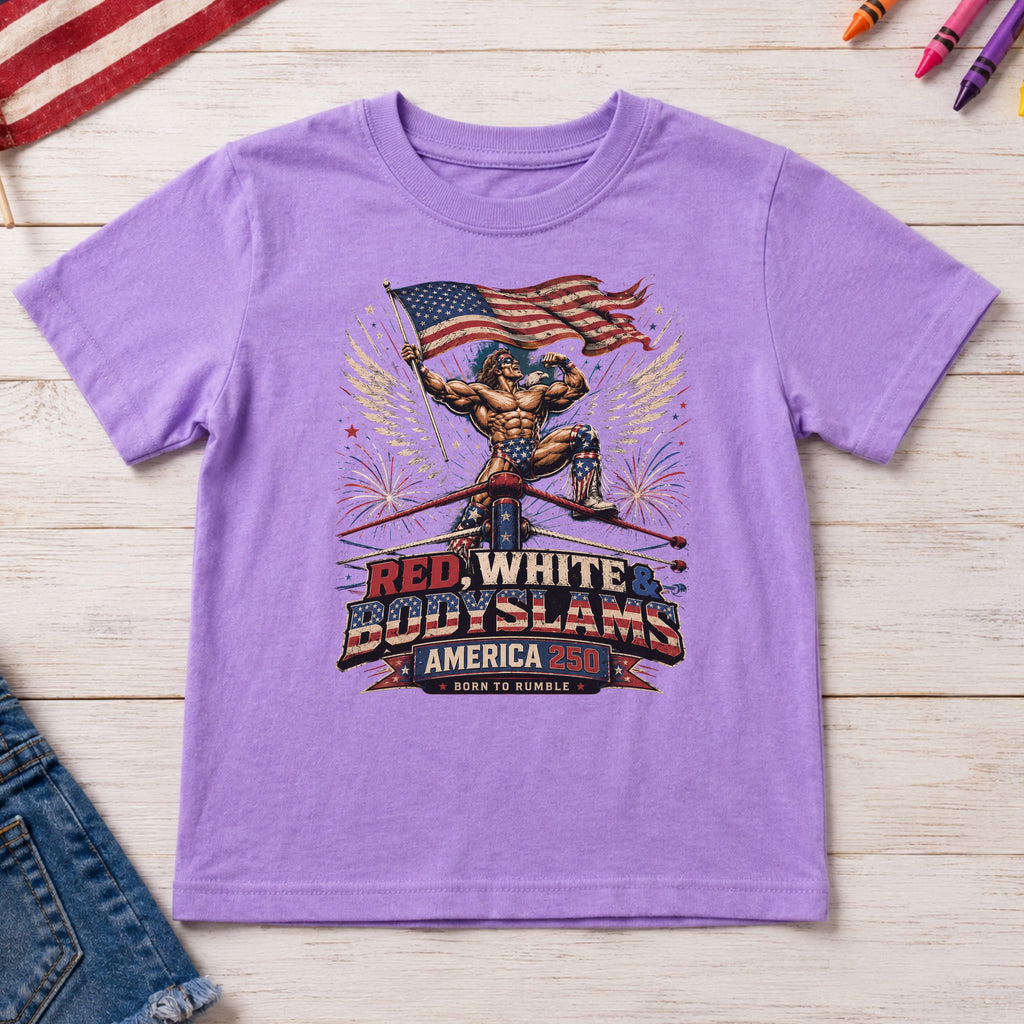 Patriotic 'Red, White, & Body Slams' Graphic Youth Tee, Wrestling Top