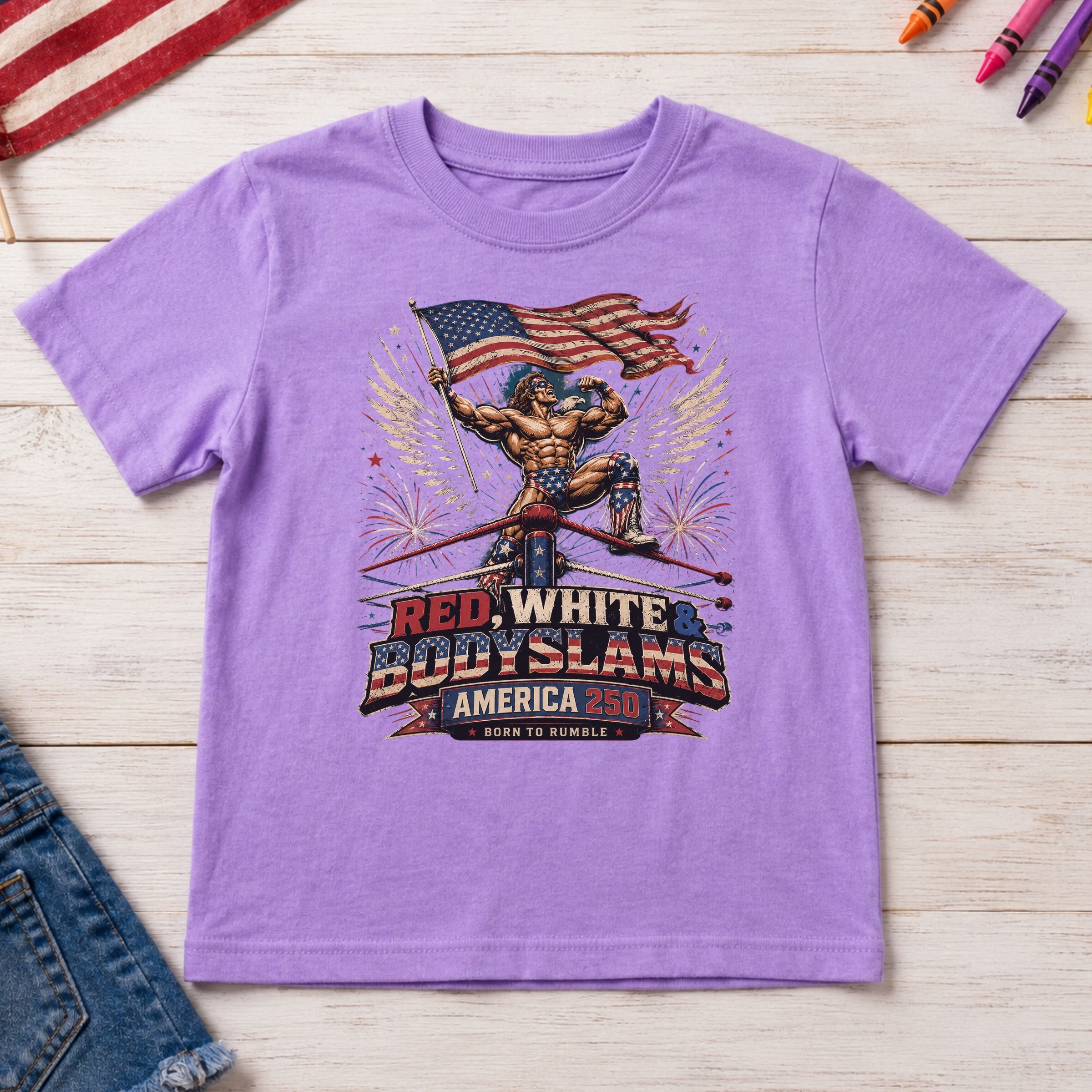 Patriotic 'Red, White, & Body Slams' Graphic Youth Tee, Wrestling Top