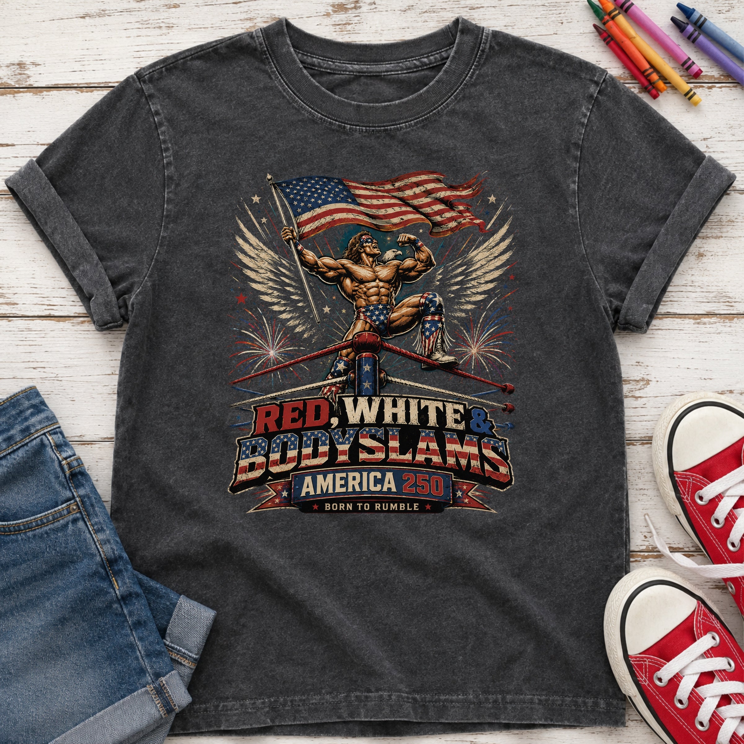 Patriotic 'Red, White, & Body Slams' Graphic Youth Tee, Wrestling Top