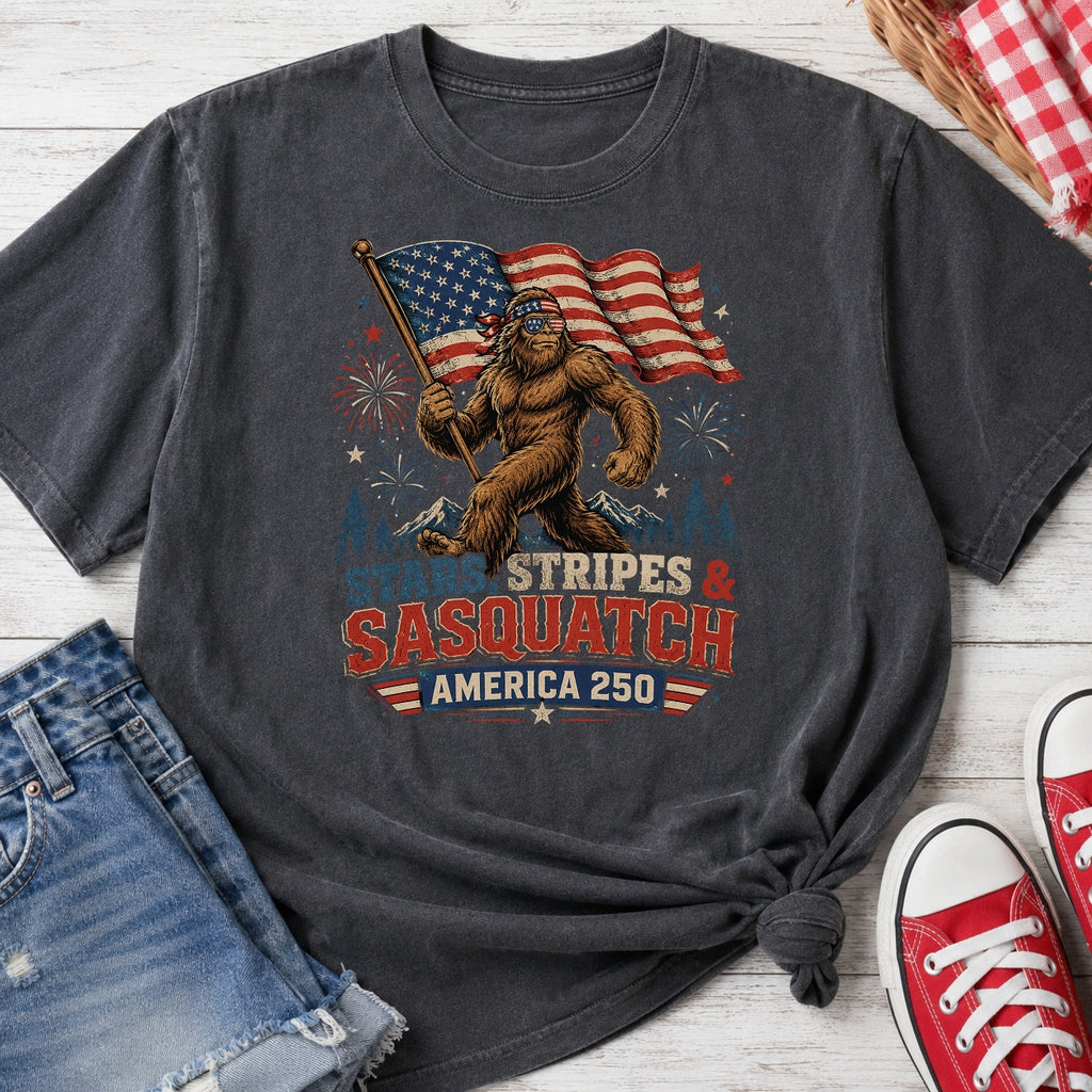 Stars, Stripes & Sasquatch T-Shirt, Patriotic America 250 Bigfoot Graphic Tee