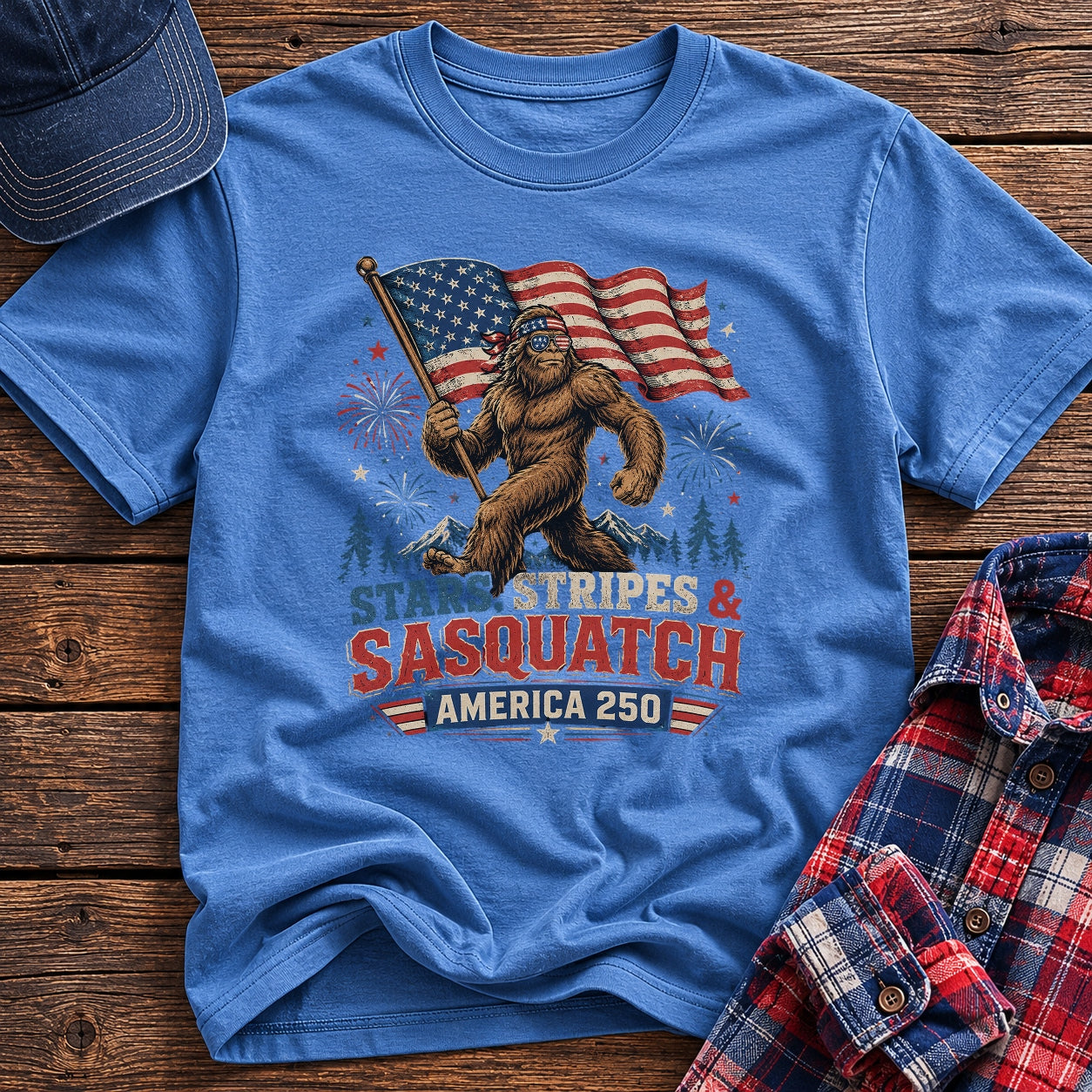 Stars, Stripes & Sasquatch T-Shirt, Patriotic America 250 Bigfoot Graphic Tee