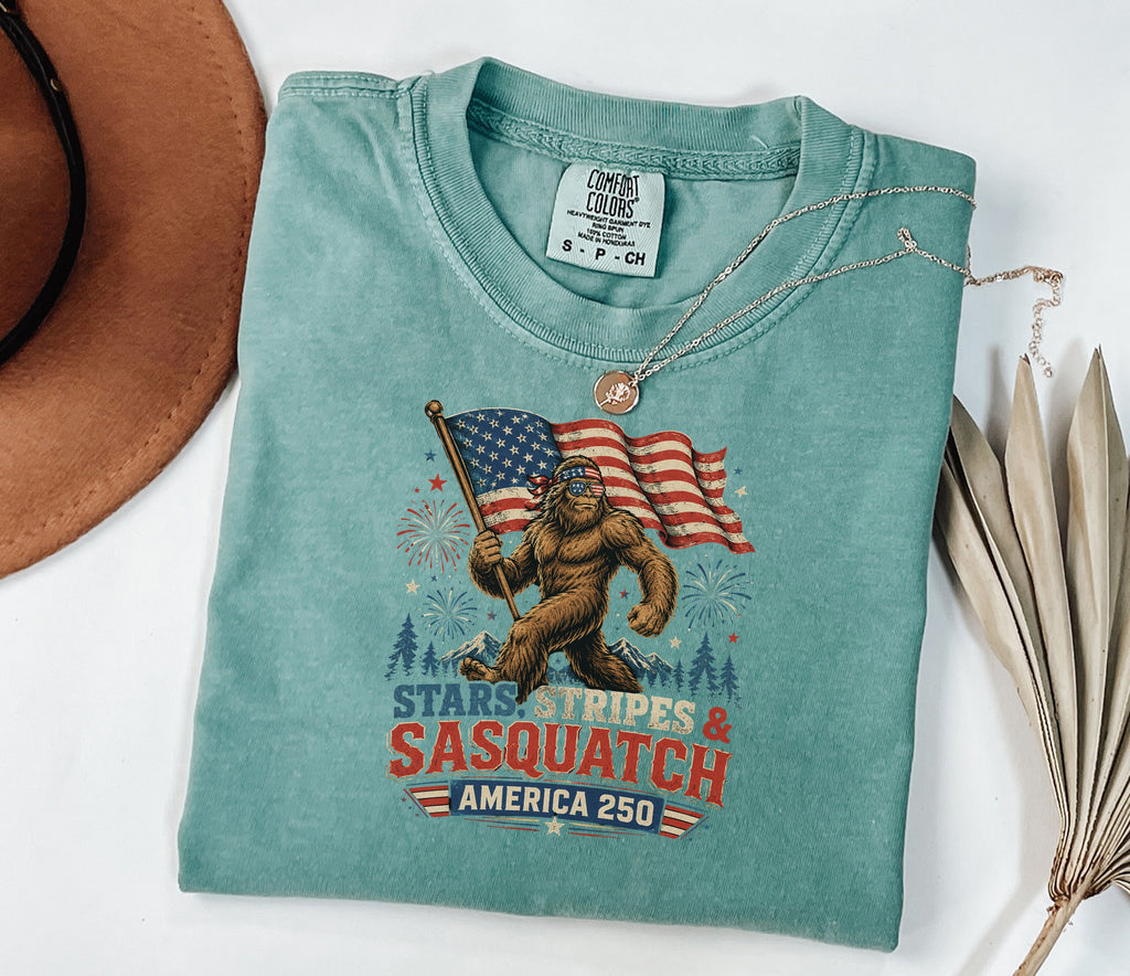 Stars, Stripes & Sasquatch T-Shirt, Patriotic America 250 Bigfoot Graphic Tee